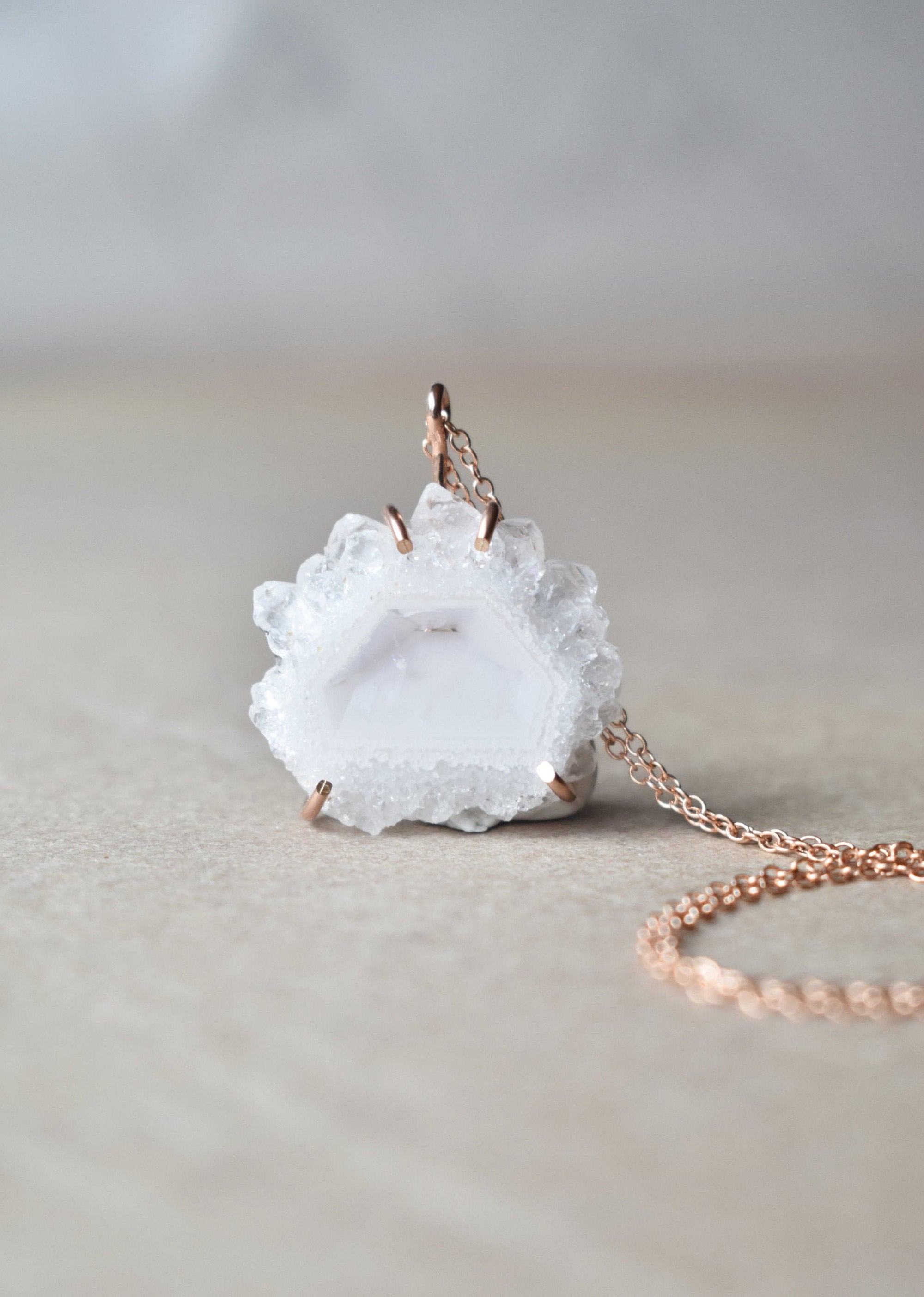 White Quartz Crystal Pendant Necklace in Rose Gold, Snow White and Rose Gold, White Outfit Jewelry with a Shadowbox Crystal Quartz Slice