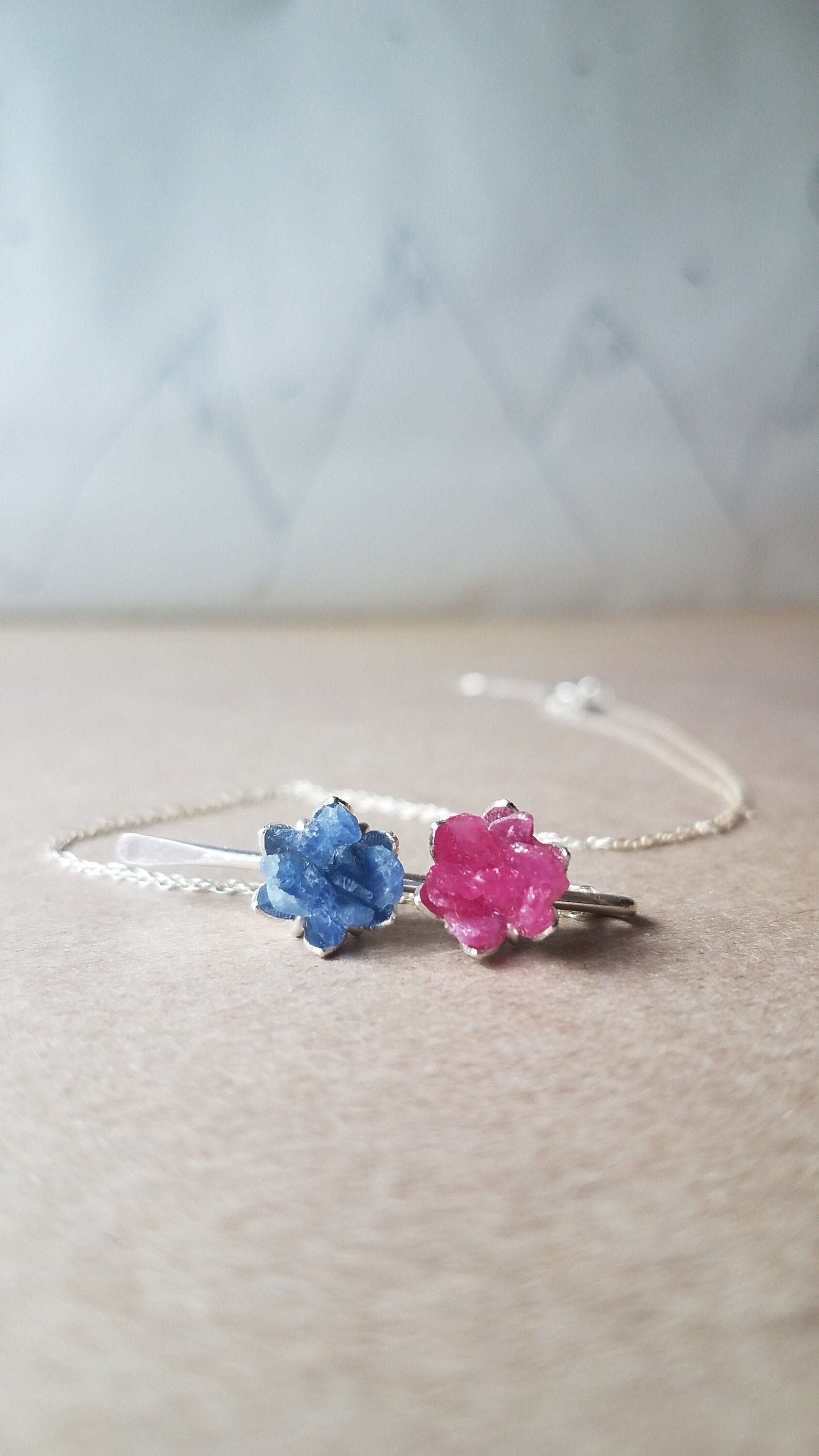 Sapphire & Ruby Lotus Pendant Necklace in Sterling Silver, Rough Gemstone Lotus Flower Jewelry, Unique Mothers Birthstone Jewelry
