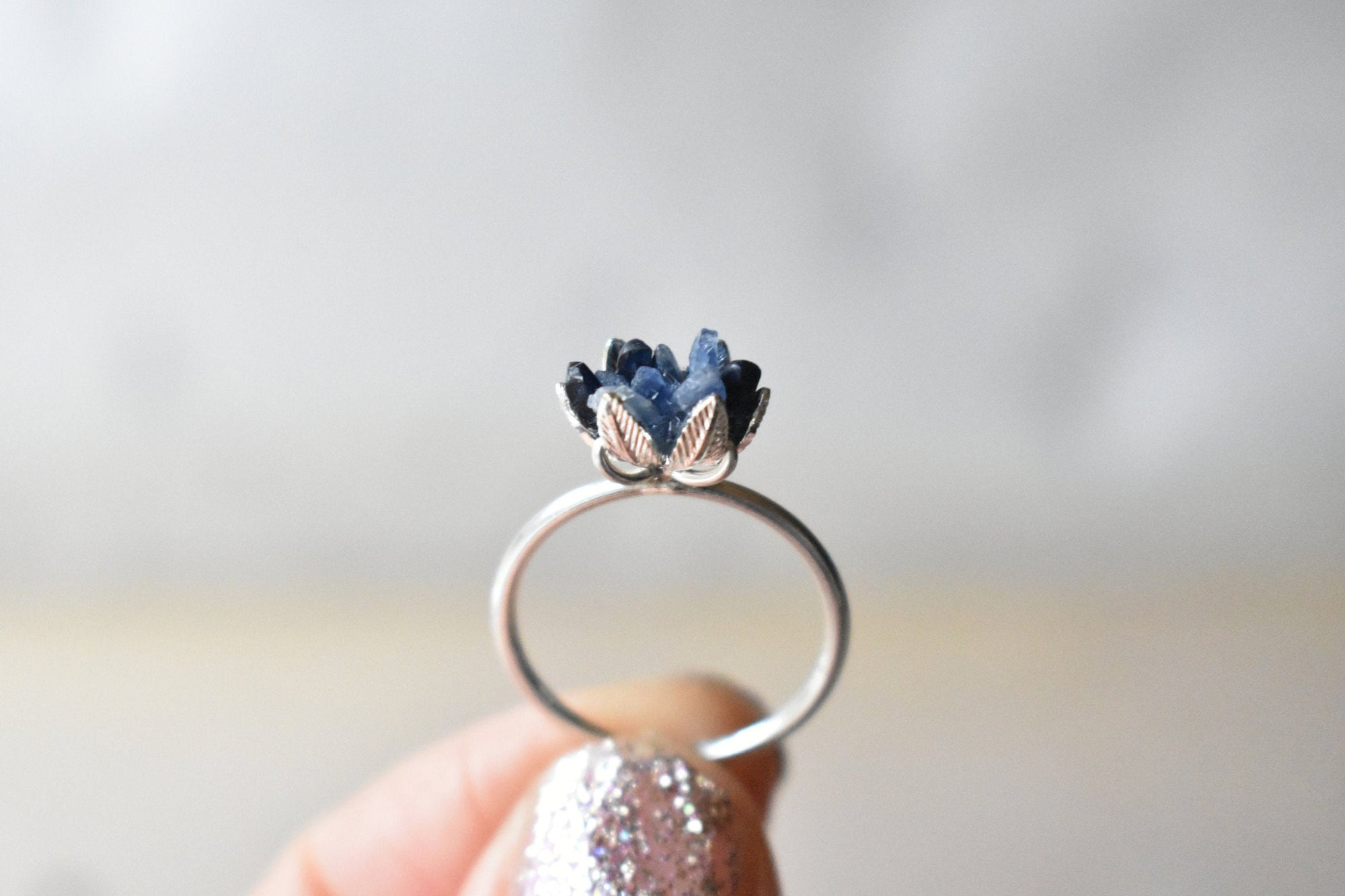 Lotus Ring with Raw Blue Sapphire, Floral Jewelry in Sterling or Gold, A Unique September Birthstone Ring, Sapphire Engagement or Proposal