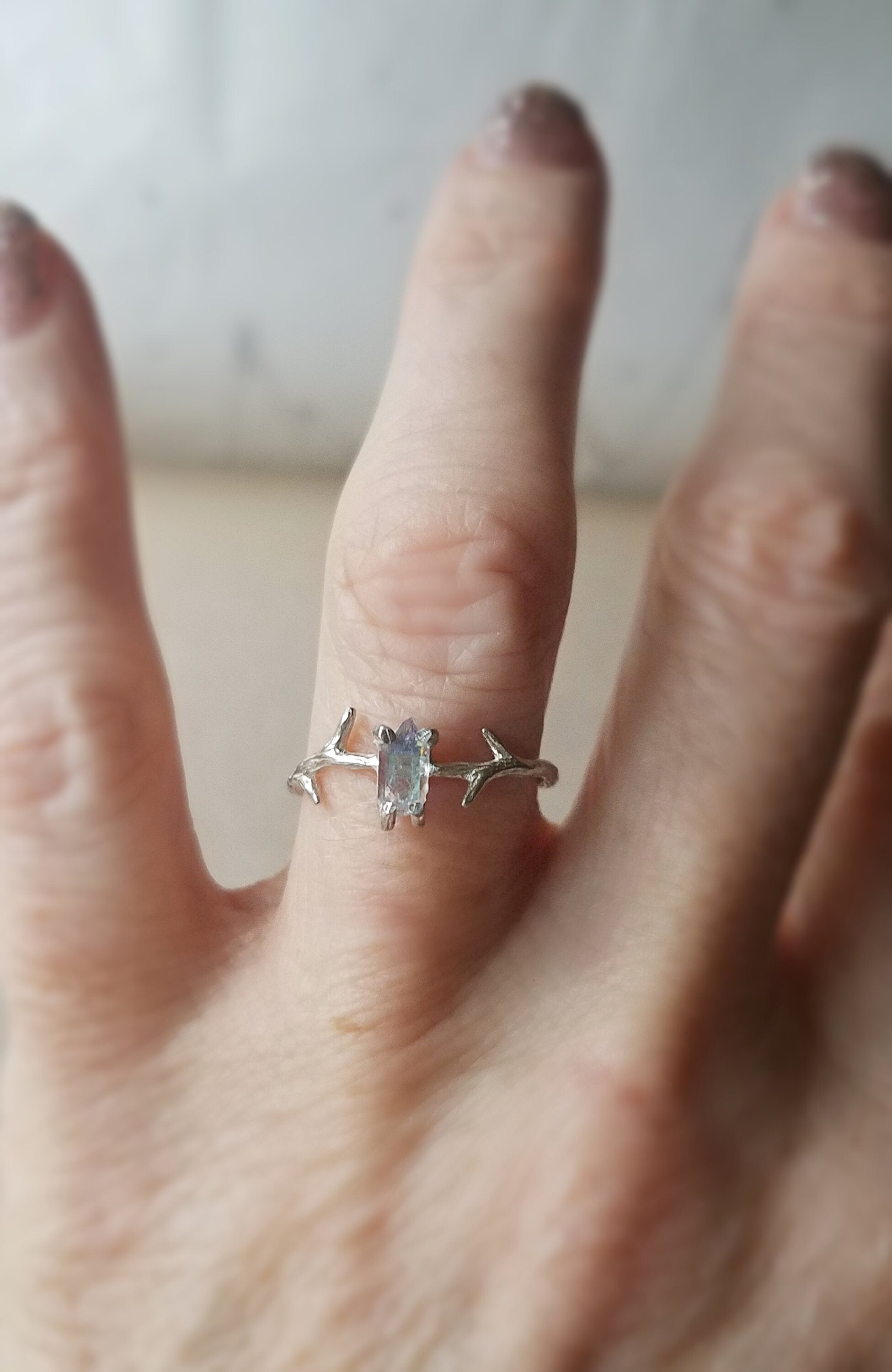Twig Ring in Fine Sterling Silver & Angel Aura, Antler Band with Iridescent Blue Aura Ring for Libra or Scorpio Zodiac Birthdays, 6~ish