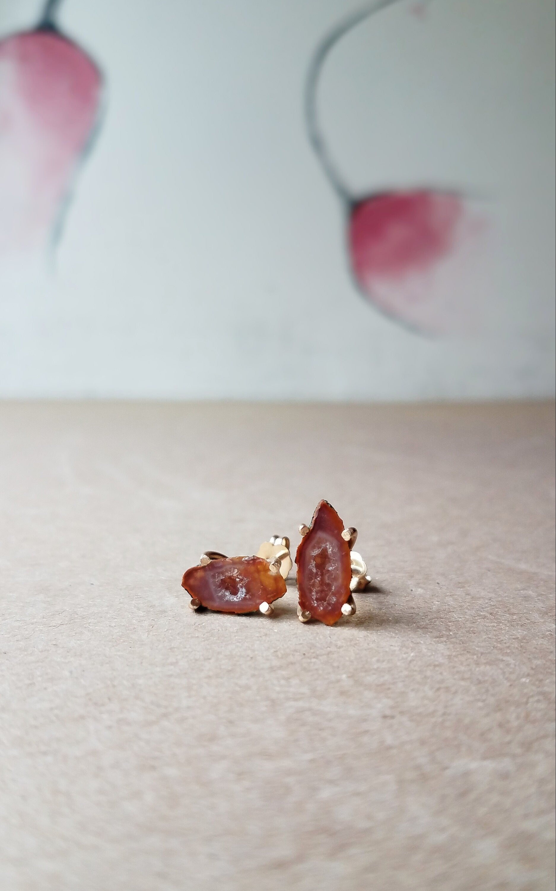 Sangria Red Gold Jewlery, Baby Geode Stud Earrings, 14K Yellow Gold Fill Earrings for All Earlobe Sizes, Very Rare Natural Geode for Mom