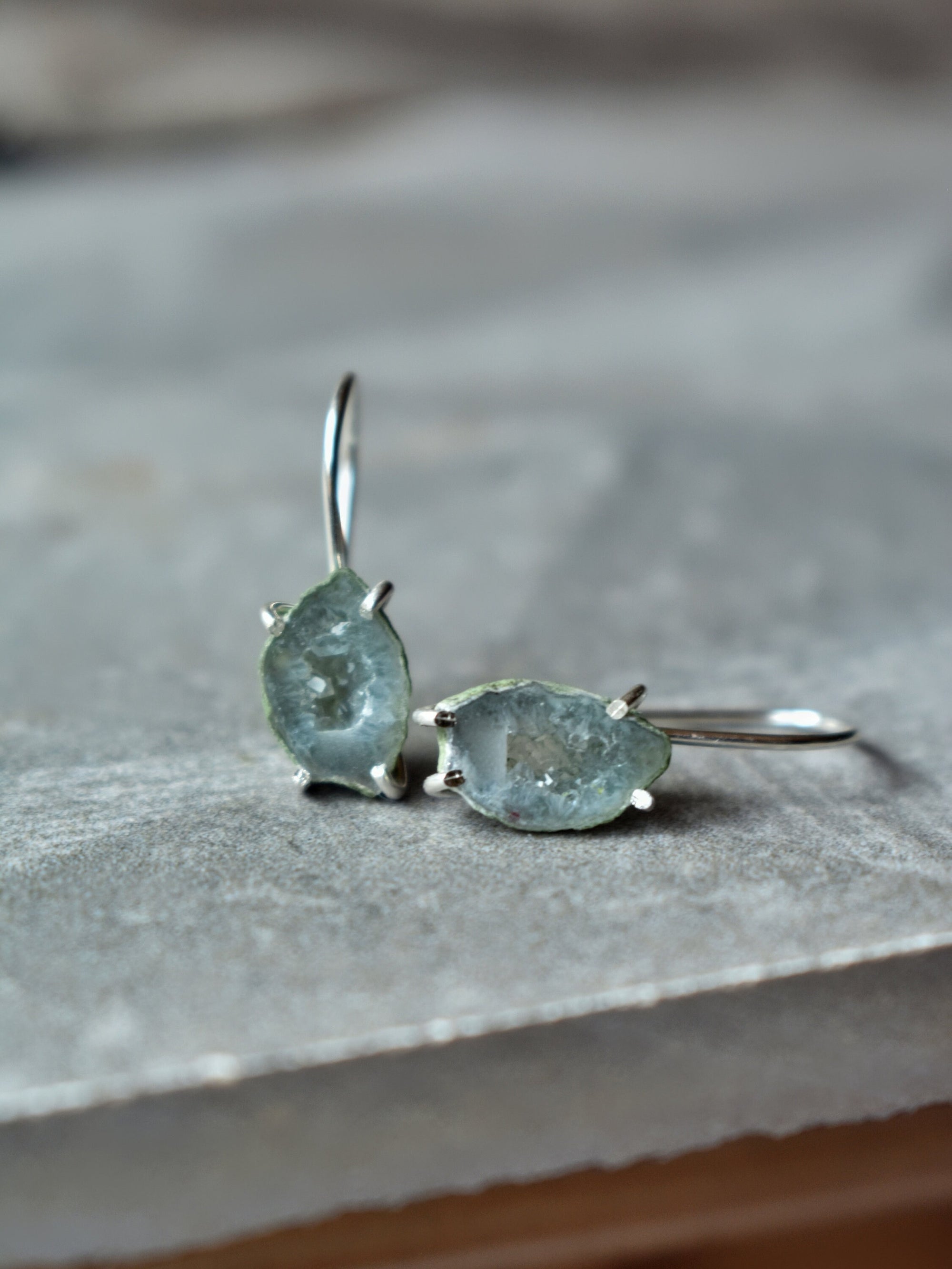Pale Blue Green Geode Earrings in Sterling Silver, Authentic Gem Drop Earrings, French Ear Wire Dangles, Unique Crystal For Mother's Day