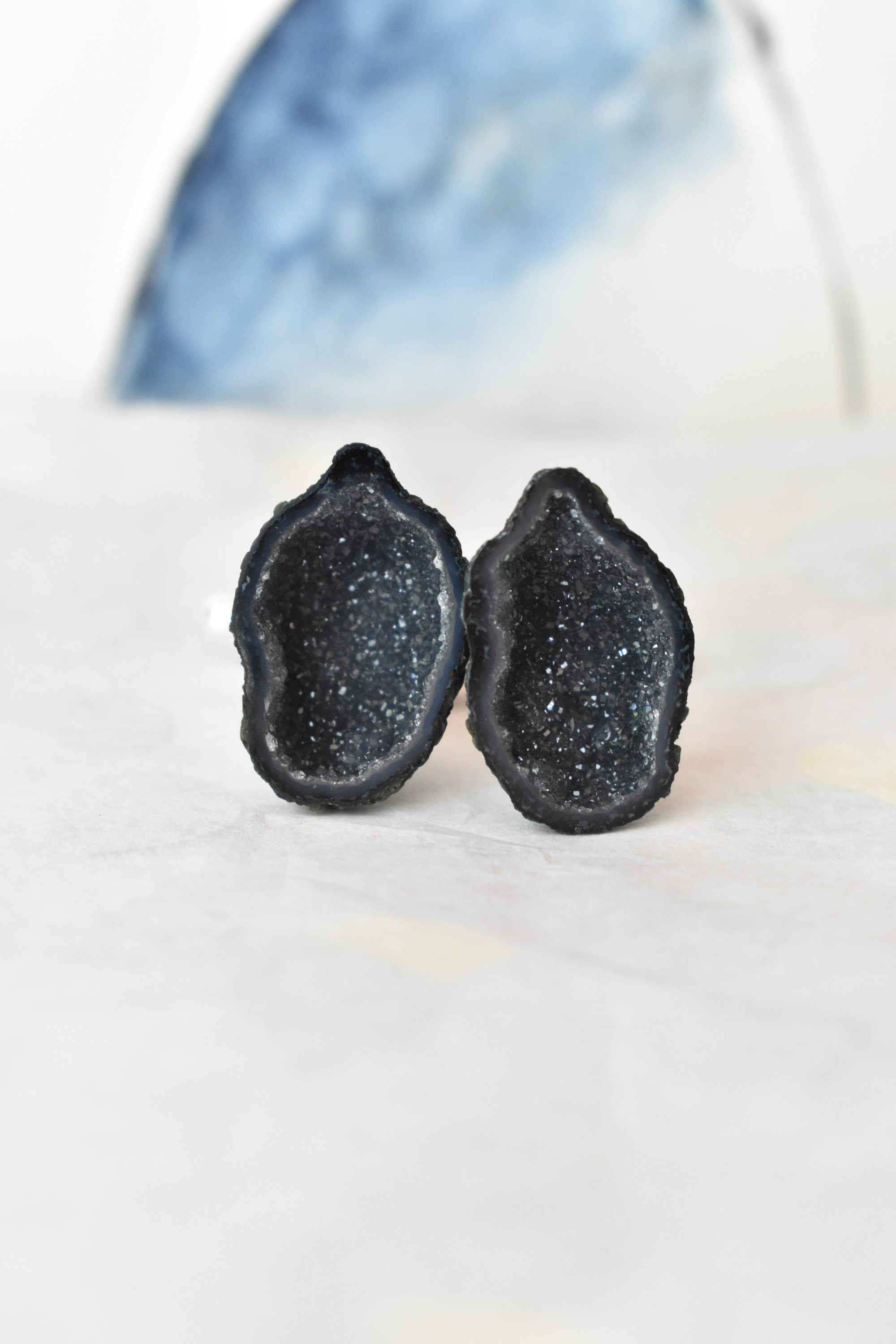 Dark Blue and Black Geode Cuff Links, Gemstone Jewelry for Dad, Angled or Straight Shirt Cuff, Custom Geode Cufflinks, Uncommon Fathers Day