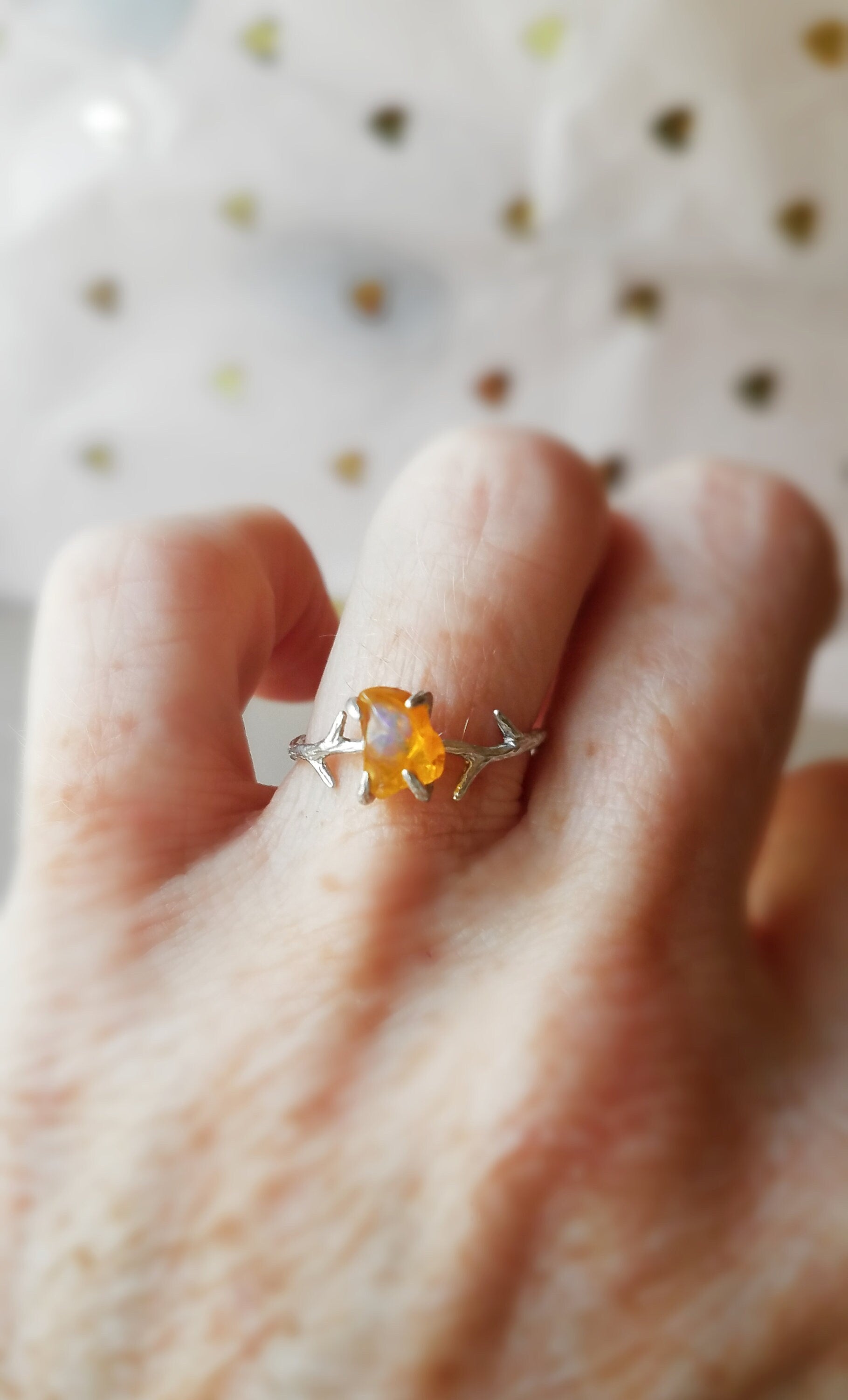 Twig Ring in Fine Sterling Silver & Raw Opal, Antler Band and Orange Uncut Opal, October Birthstone Ring for Libra Scorpio Zodiac Birthday