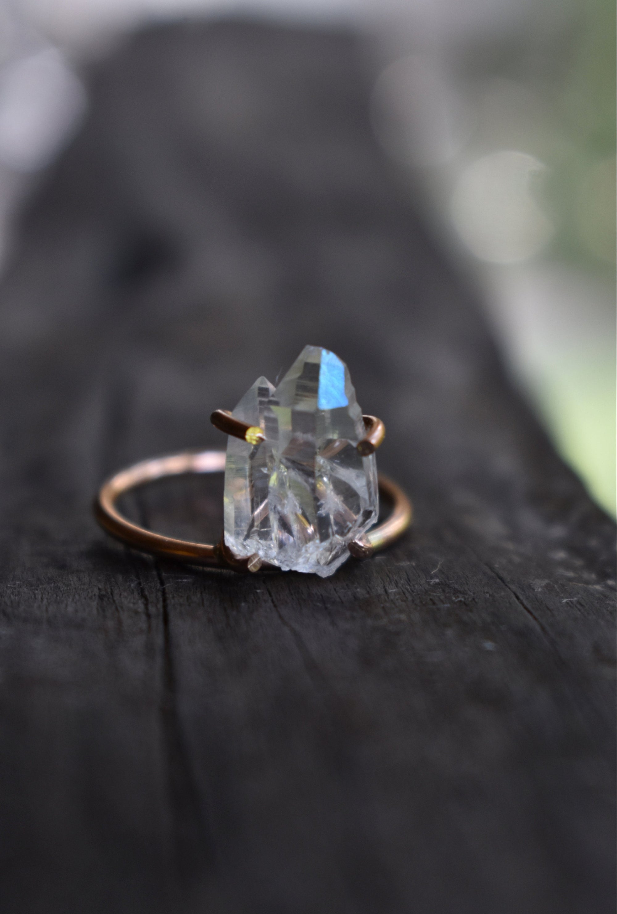Angel Aura Ring in 14K Rose Gold Fill, Opal Flash Colors in a Double Rainbow Crystal Point, Prong Set Crystal in Pink Gold, Ready to Ship