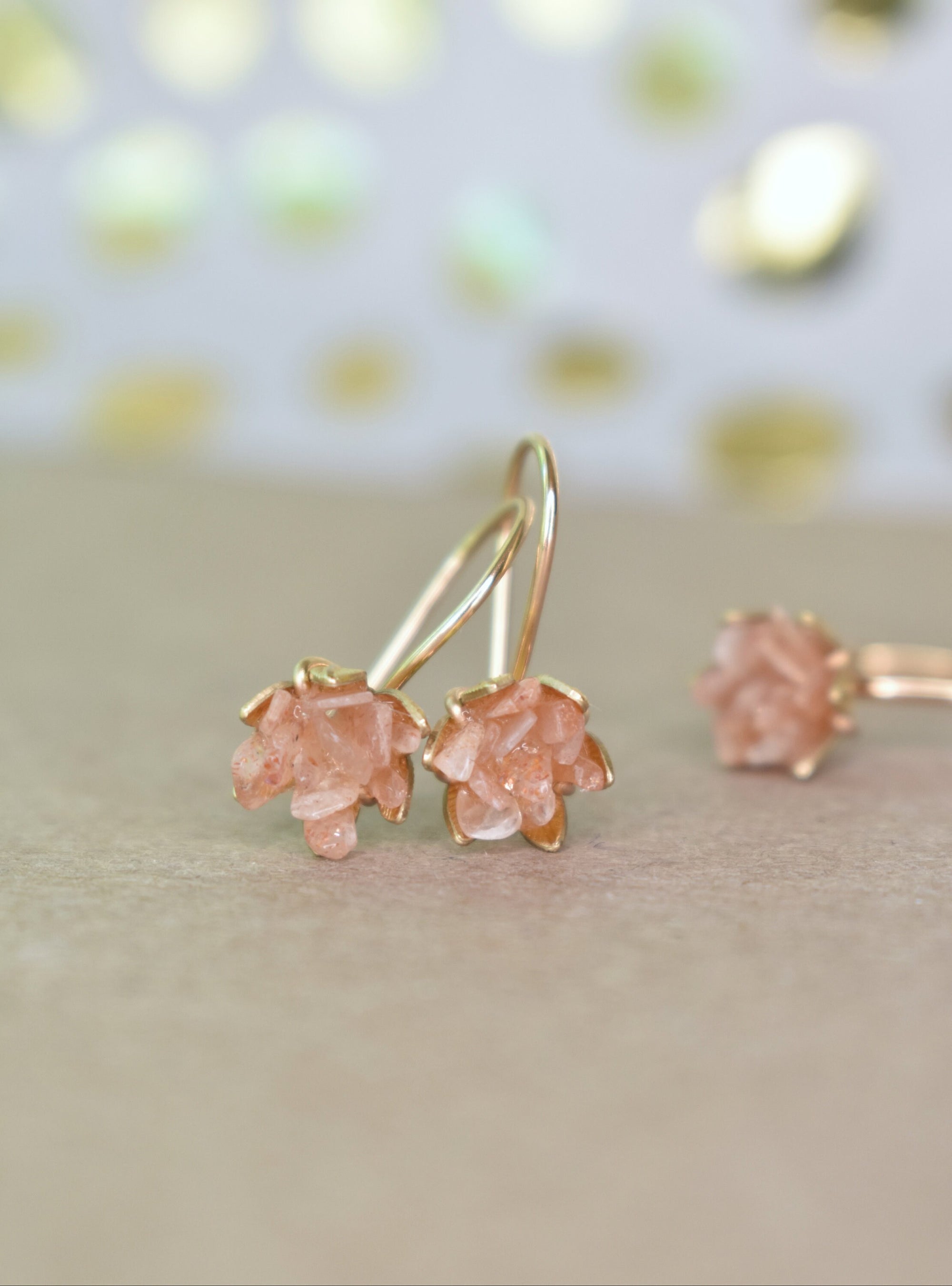 Peach Moonstone Lotus Earrings, Moonstone in 14K Yellow Gold Fill French Ear Wire Dangles, Gemstone Drop Earrings, High Vibrational Energy