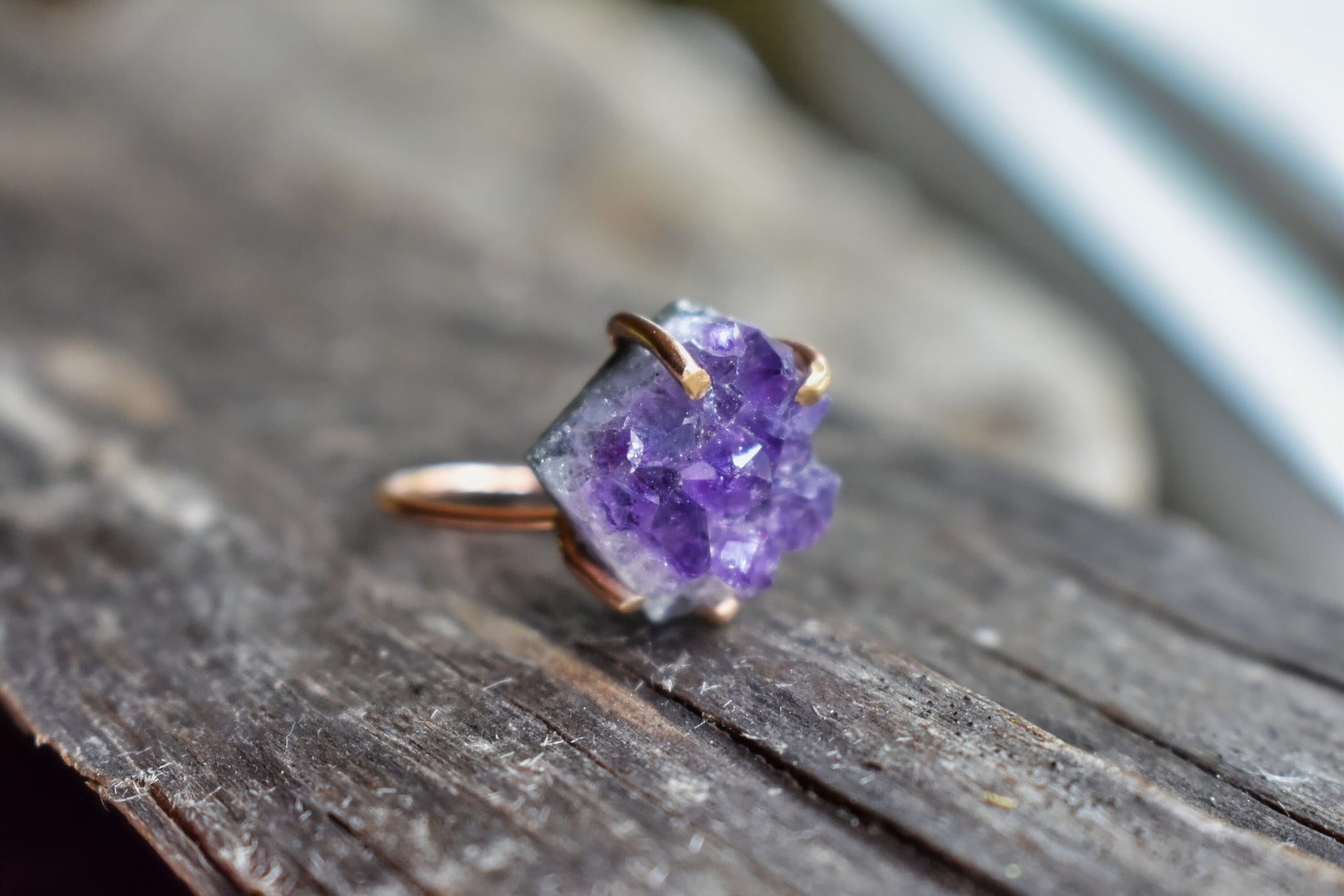 Dark Purple Amethyst Ring in 14K Rose Gold Fill, Offset Ring Design in Pink Gold, Aquarius Zodiac Jewelry for February Birthday Gift, 7