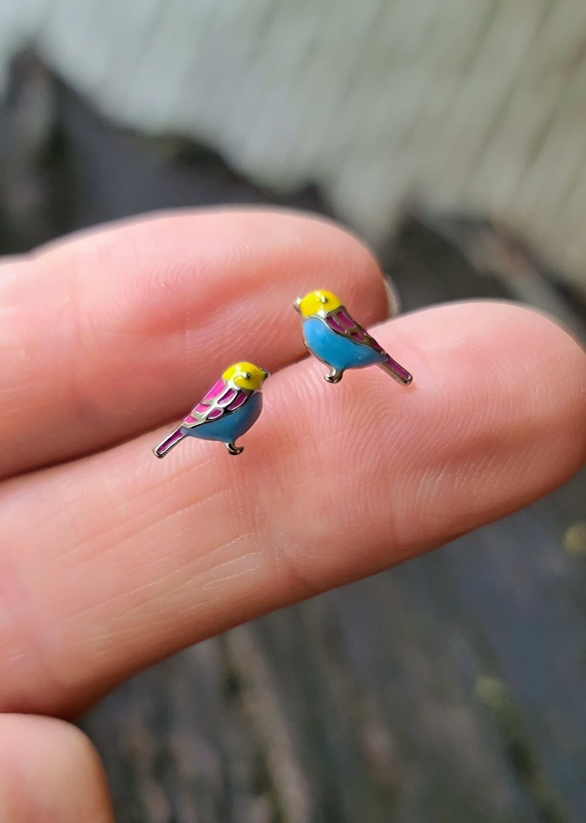Enamel Bird Earrings, Small Ornithologist Studs in Sterling and Your Choice of Closure, by Gemologies