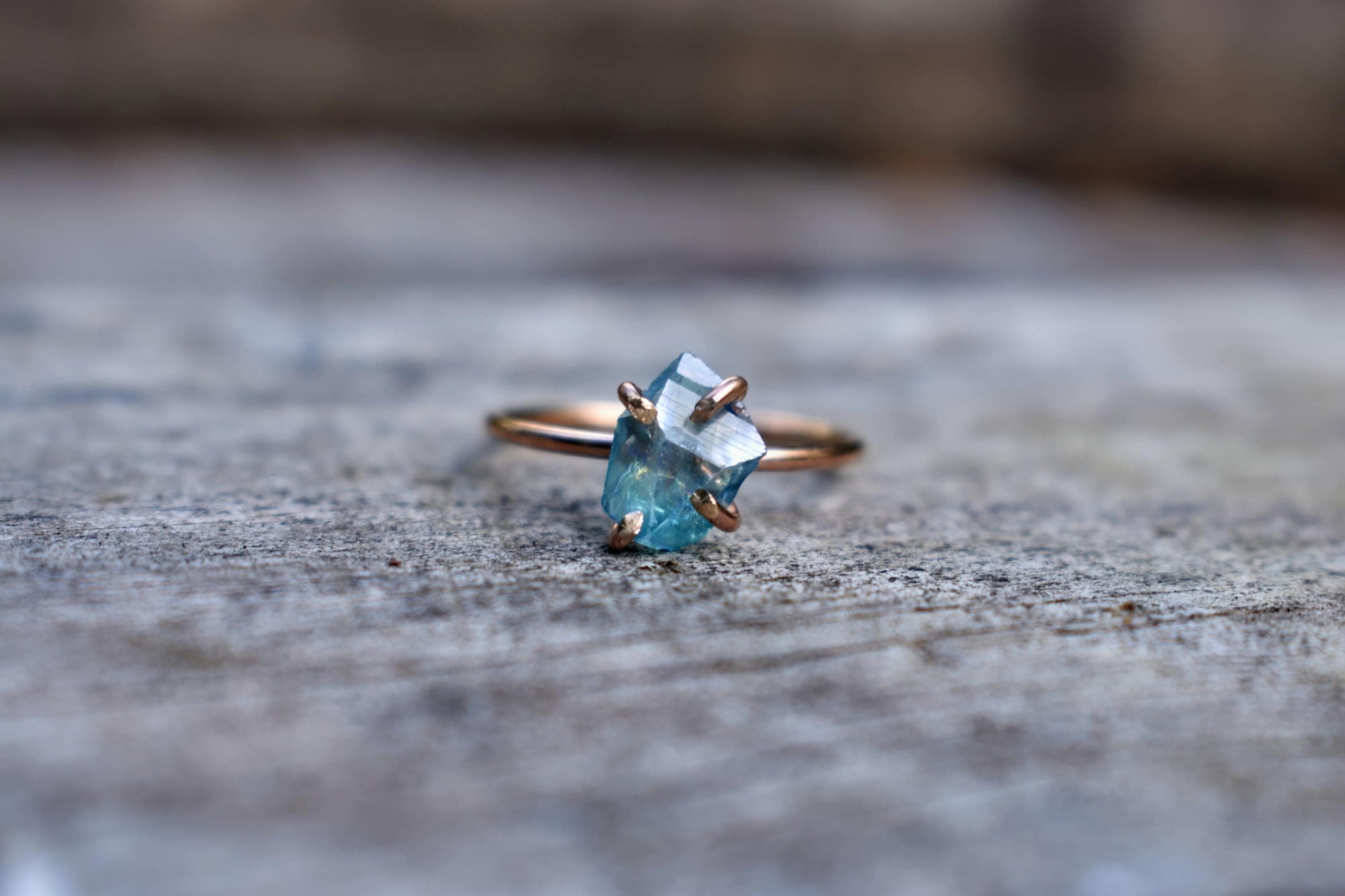 Blue Crystal and Rose Gold Ring, Rough Aqua Aura Crysal in 14K Rose Gold Fill, September Birthstone Alternative, Solitaire Ring Size 7