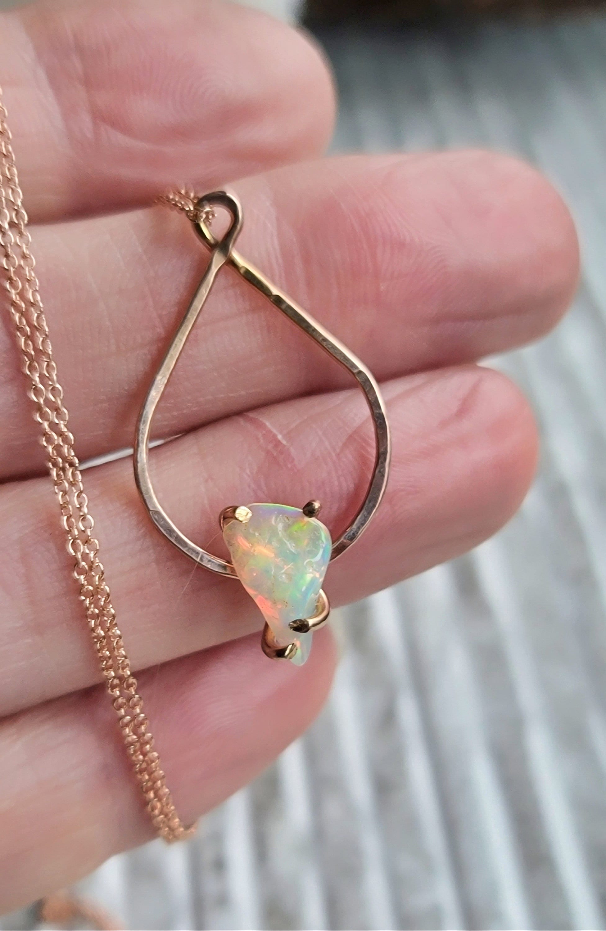 Fire Opal Pendant in 14K Rose Gold Fill, Infinity Jewelry in Pink Gold 18" Cable Chain, Welo Fire Opal in Natural Shape, October Birthstone