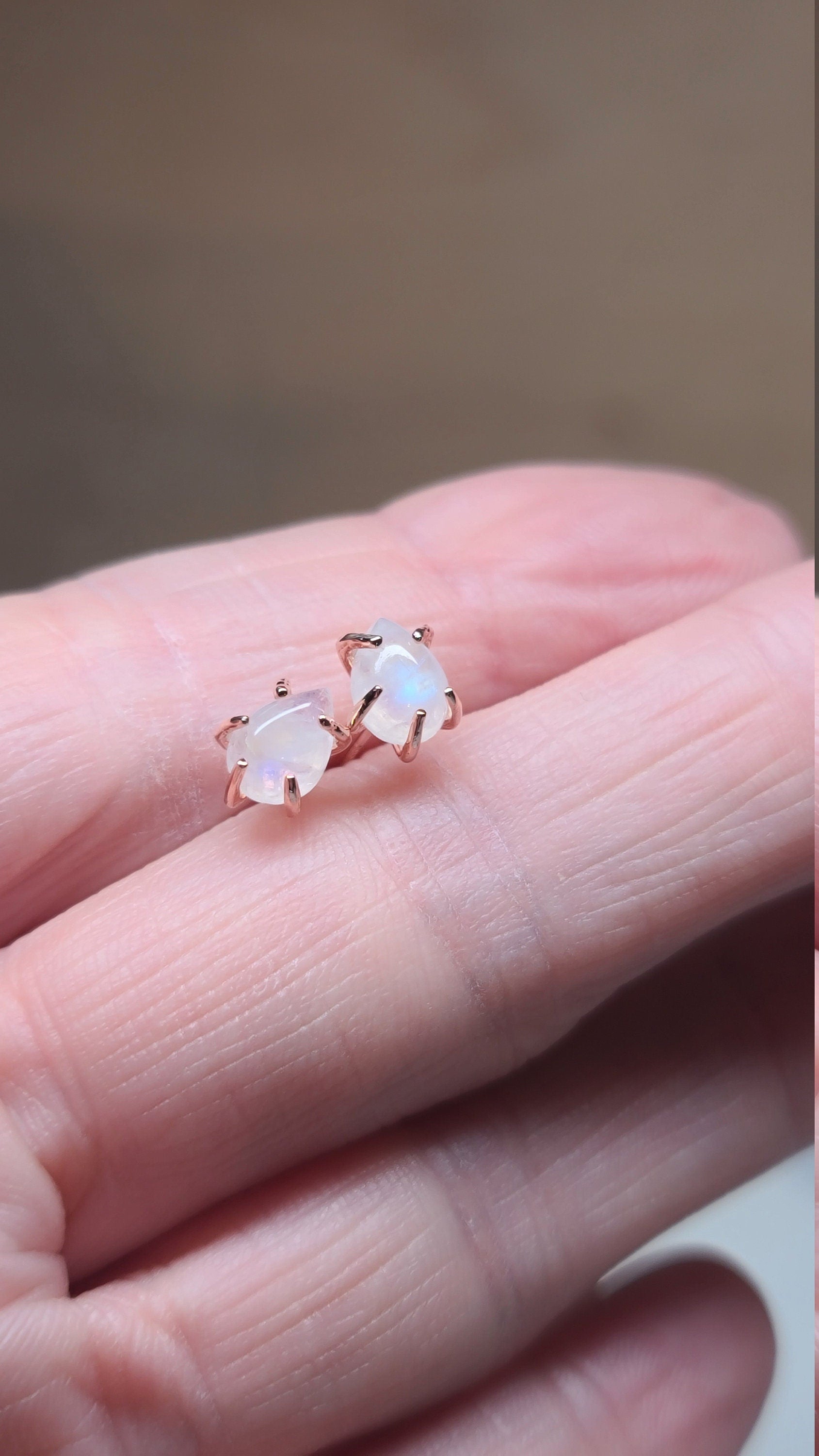 Moonstone Stud Earrings, Teardrop Glow Moonstone Earrings in Rose Gold*, Authentic Pear Moonstone, Small Earlobe Spiritual Gemstone Jewelry
