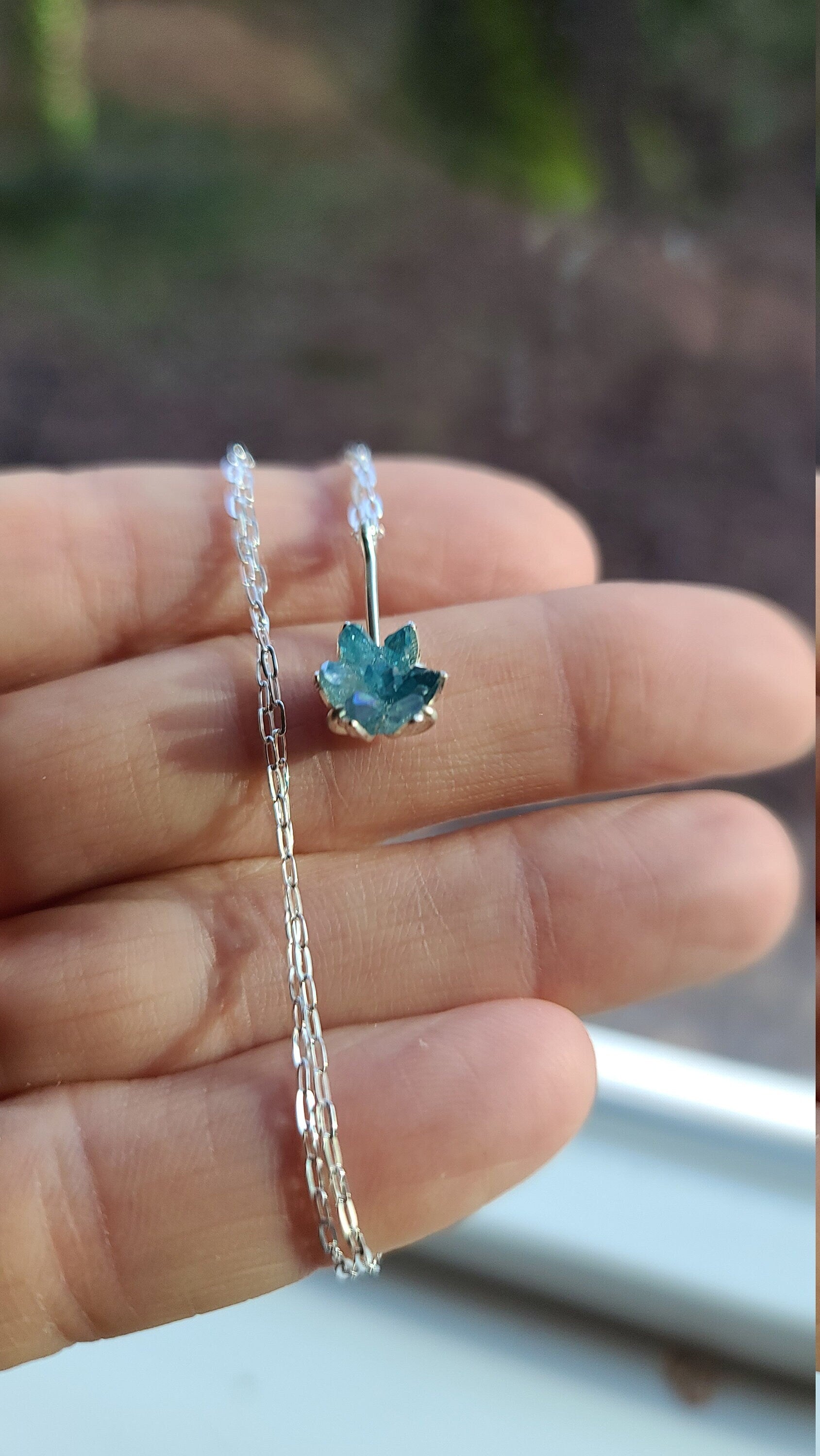 Rough Gemstone and Fine Sterling Cable Chain Necklace, Flower Pendant in Sterling Silver, Lotus Flower Jewelry, Unique One of a Kind Jewelry
