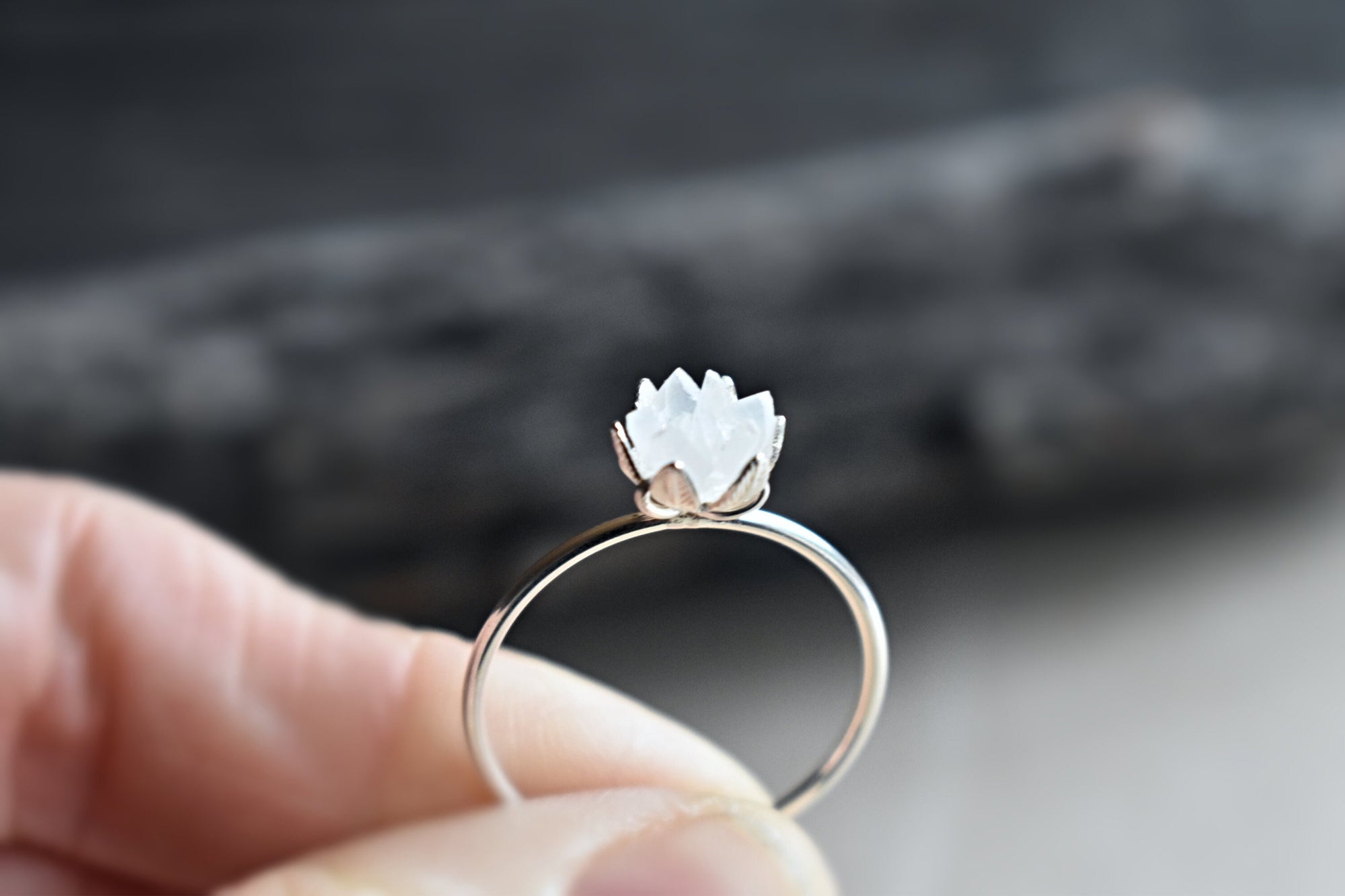White Moonstone Floral Ring, Lotus Flower Ring in Fine Sterling Silver, Rough Gem Ring, Raw Rainbow Moonstone Goddess Jewelry
