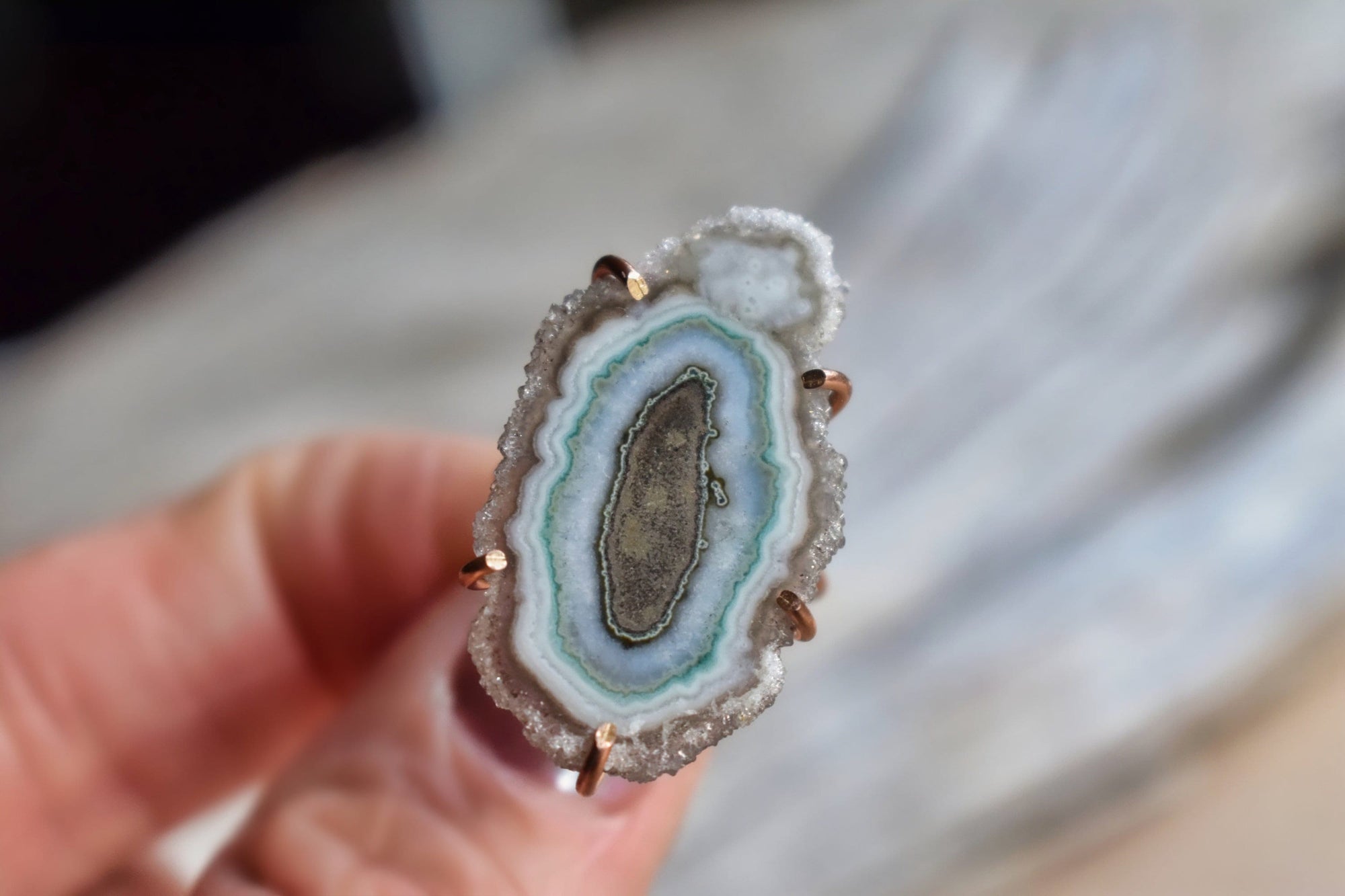 One of a Kind Ring, Stalactite Crystal Slice in Blue White and Grey, Set into 4K Rose Gold Fill Band in a Size 6, Titled: Mother Earth II