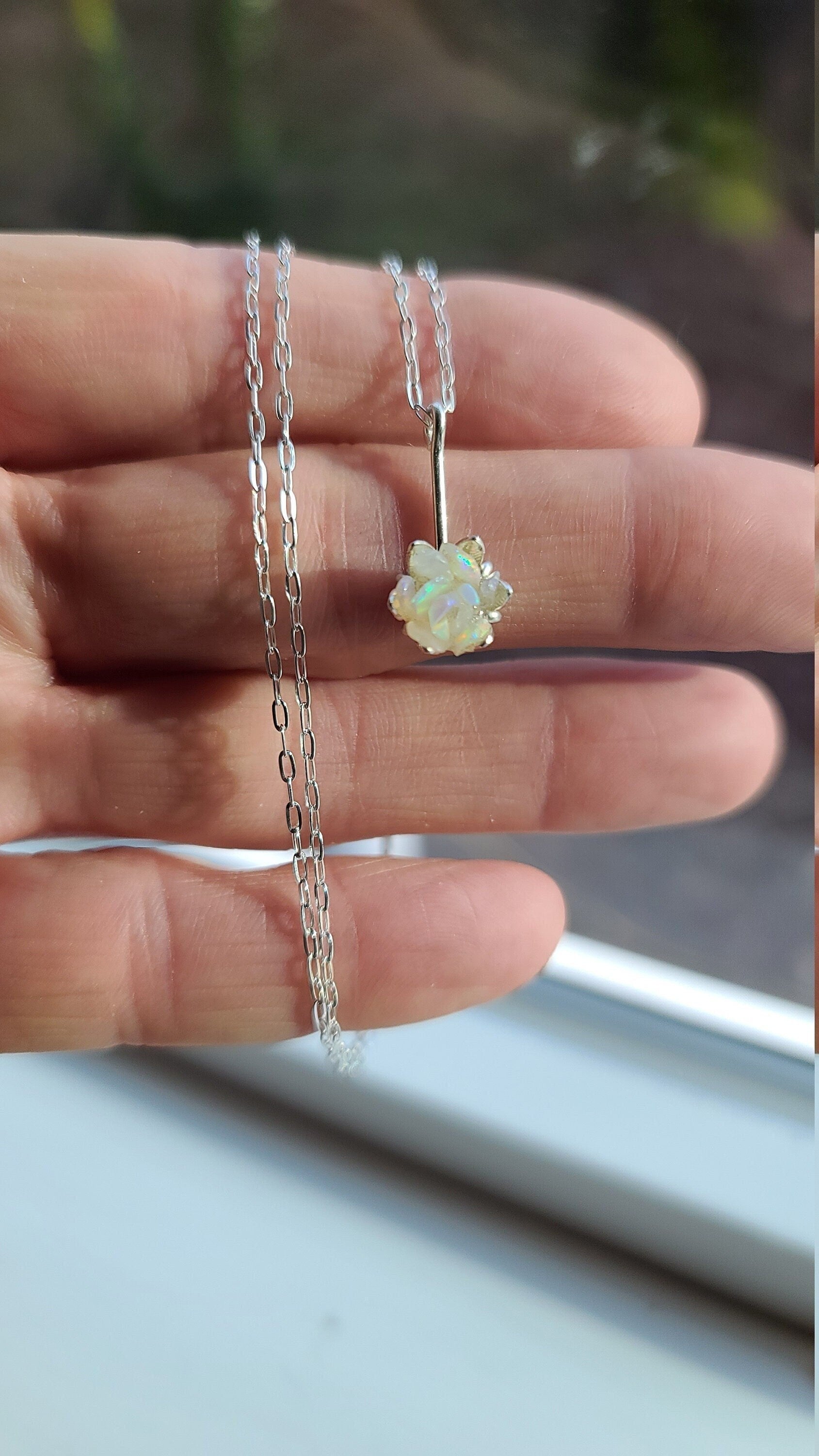 Fire Opal Lotus Flower Pendant Necklace, Rough White Gemstone Floral Jewelry for Women, Unique October Birthstone Jewelry for Her