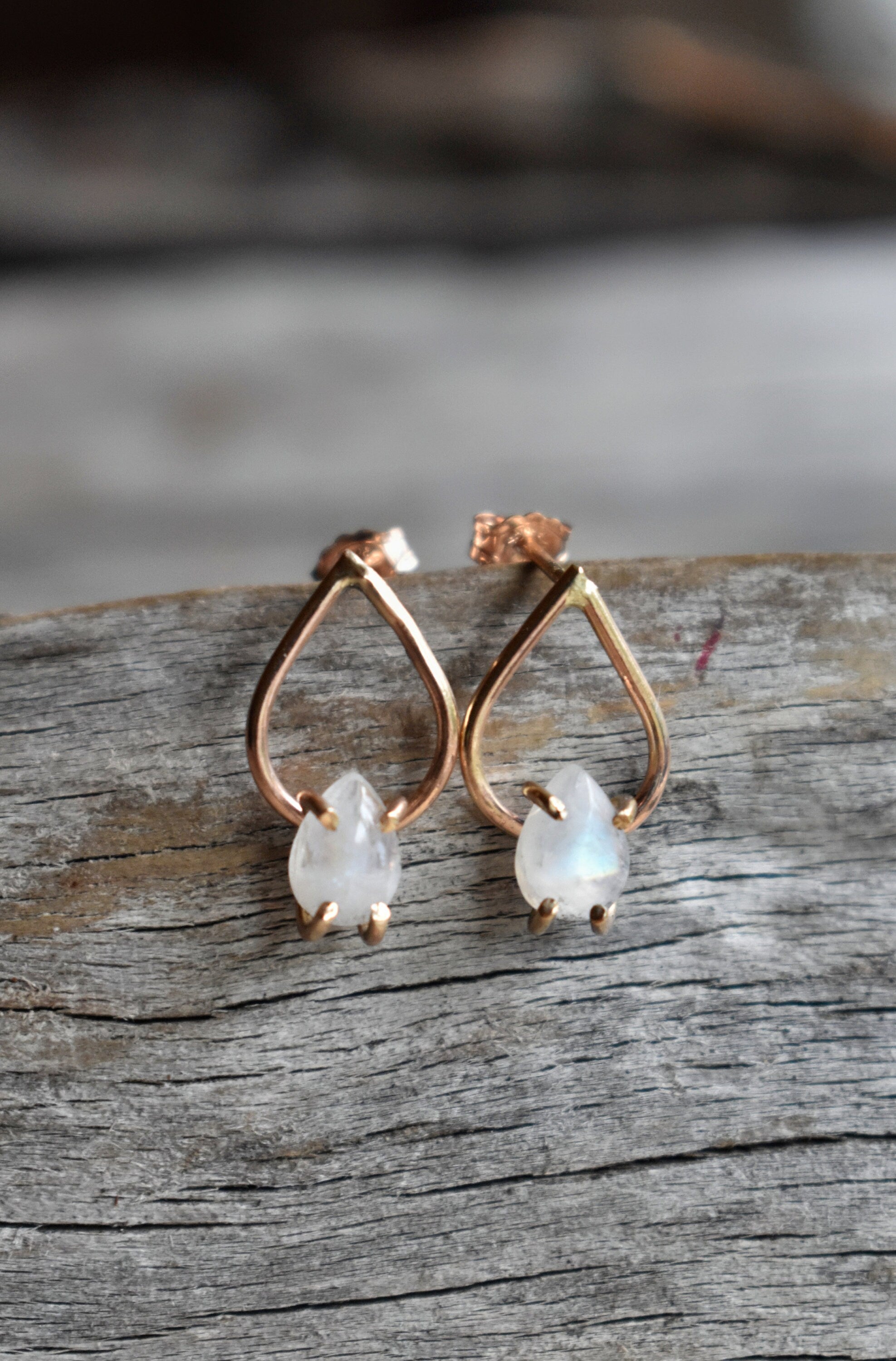 Teardrop Moonstone and 14K Rose Gold Fill Jewelry, Rainbow Moonstone Dangle Studs, Irridescent Moonstone in Teardrop Shaped Drop Earrings