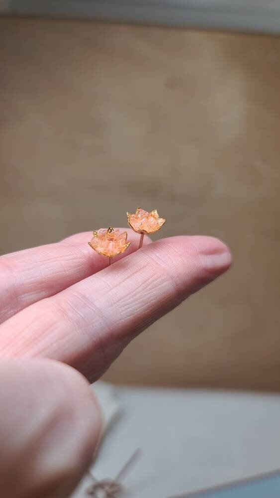 Peach Moonstone and 14k Yellow Gold Fill Studs, Small Petite Lotus Earrings For Mothers Day, Read Full Description, 6mm