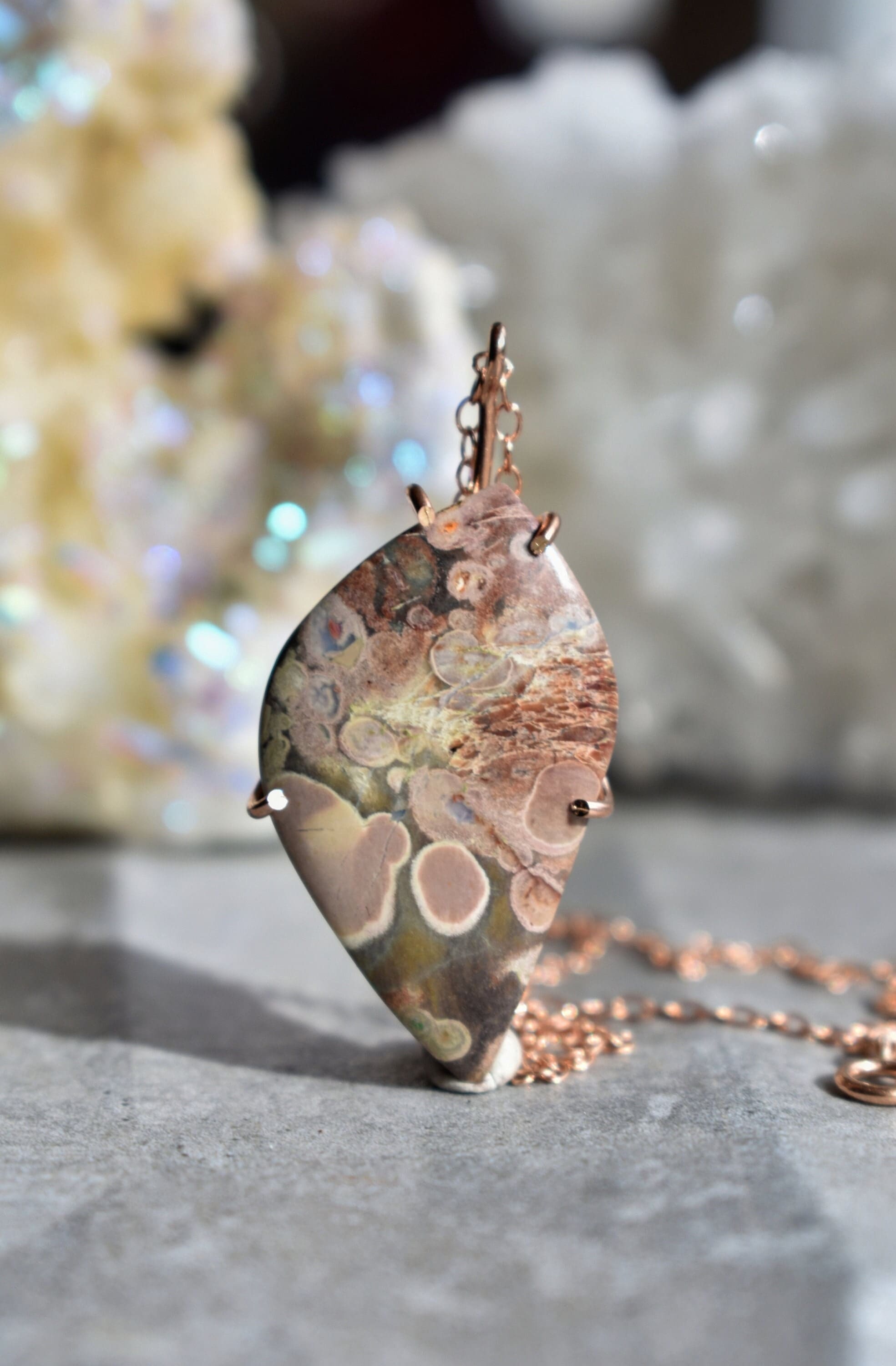 Picture Jasper Pendant Necklace in Rose Gold Fill, Unique Statement Necklace, 18" Cable Chain, Meditation Heart Chakra Crystal Pendant