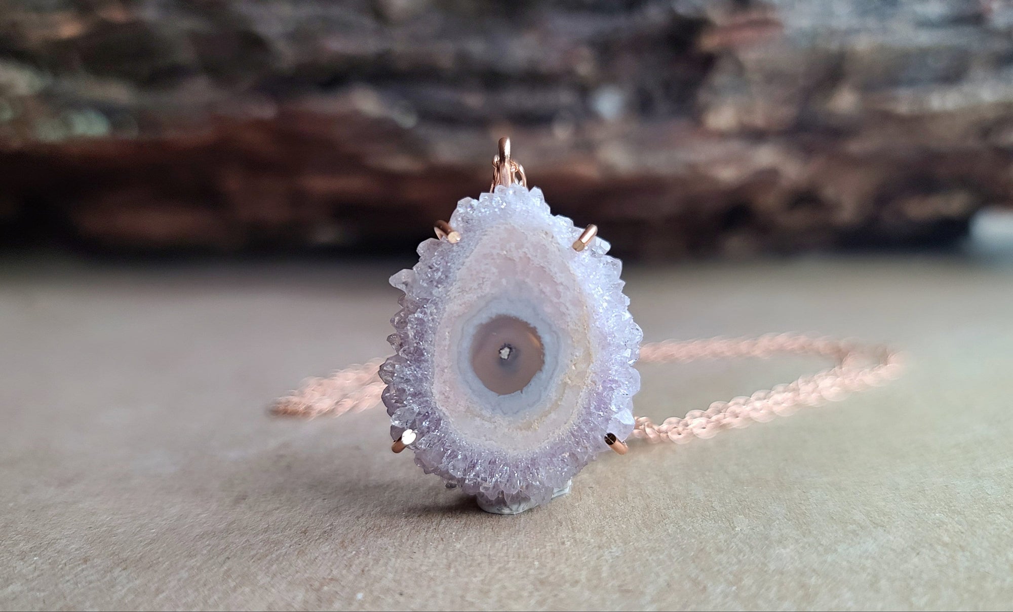 Unique Pink and White Crystal Jewelry, White Pink Quartz Crystal Pendant Necklace in 14K Rose Gold Fill, Pastel Jewelry, Solar Quartz Slice
