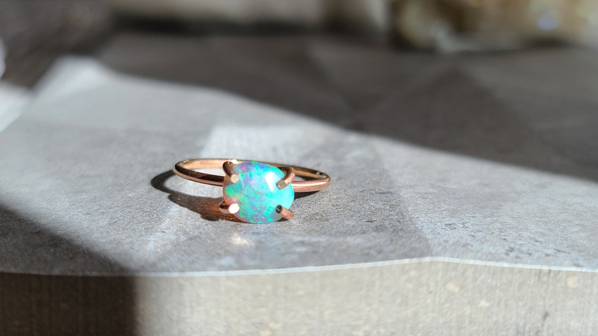Semi-Black Australian Opal & Smooth 14K Rose Gold Band Size 7, Oval Fire Opal Jewelry, Natural Opal Engagement Ring, October Birthstone Gift
