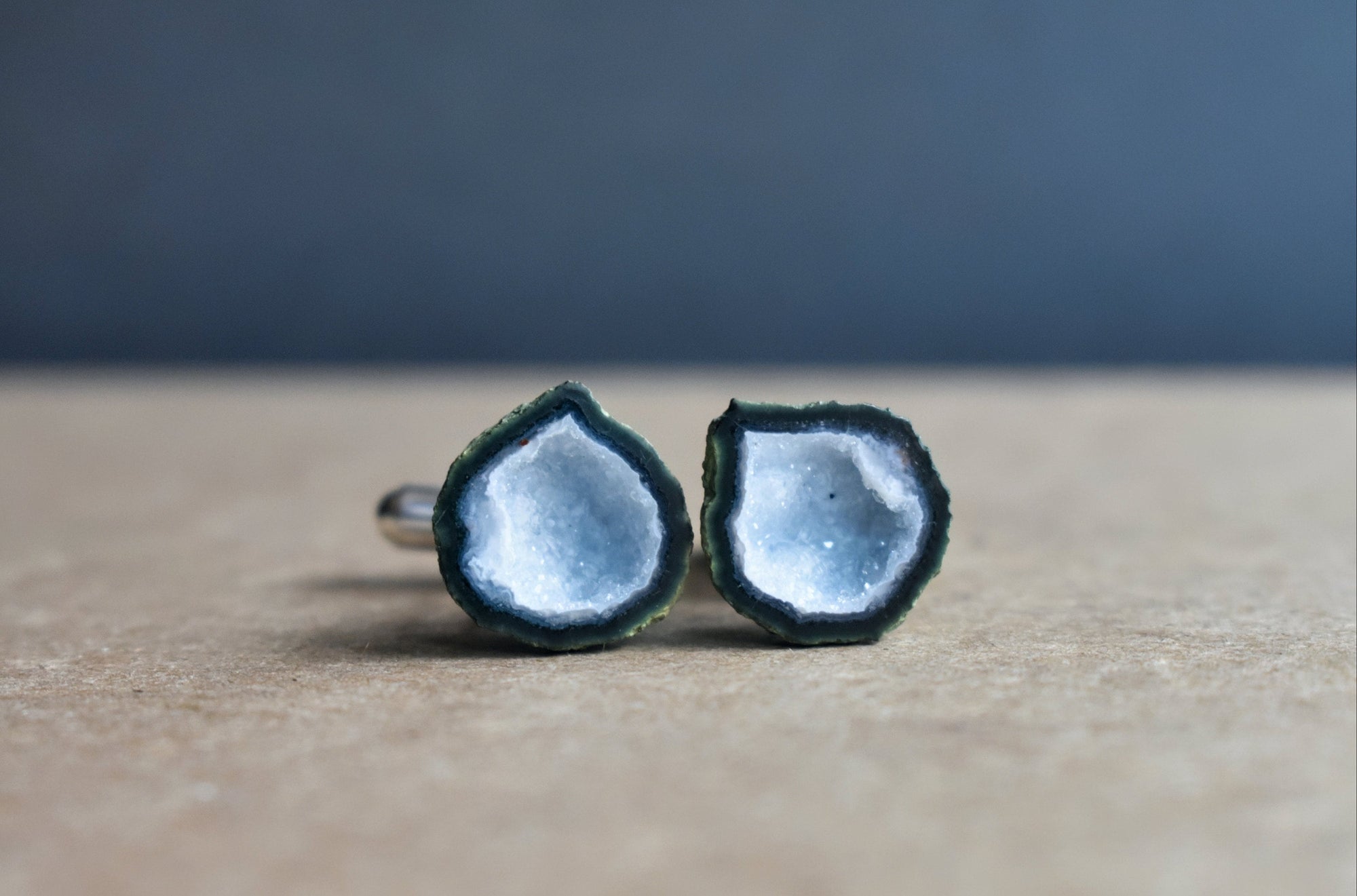 Dark Blue and White Stone Cufflinks in Pear Shape, Bright White Geode Cuff Links for Father's Day, Ready to Ship Luxury Gifts for Men