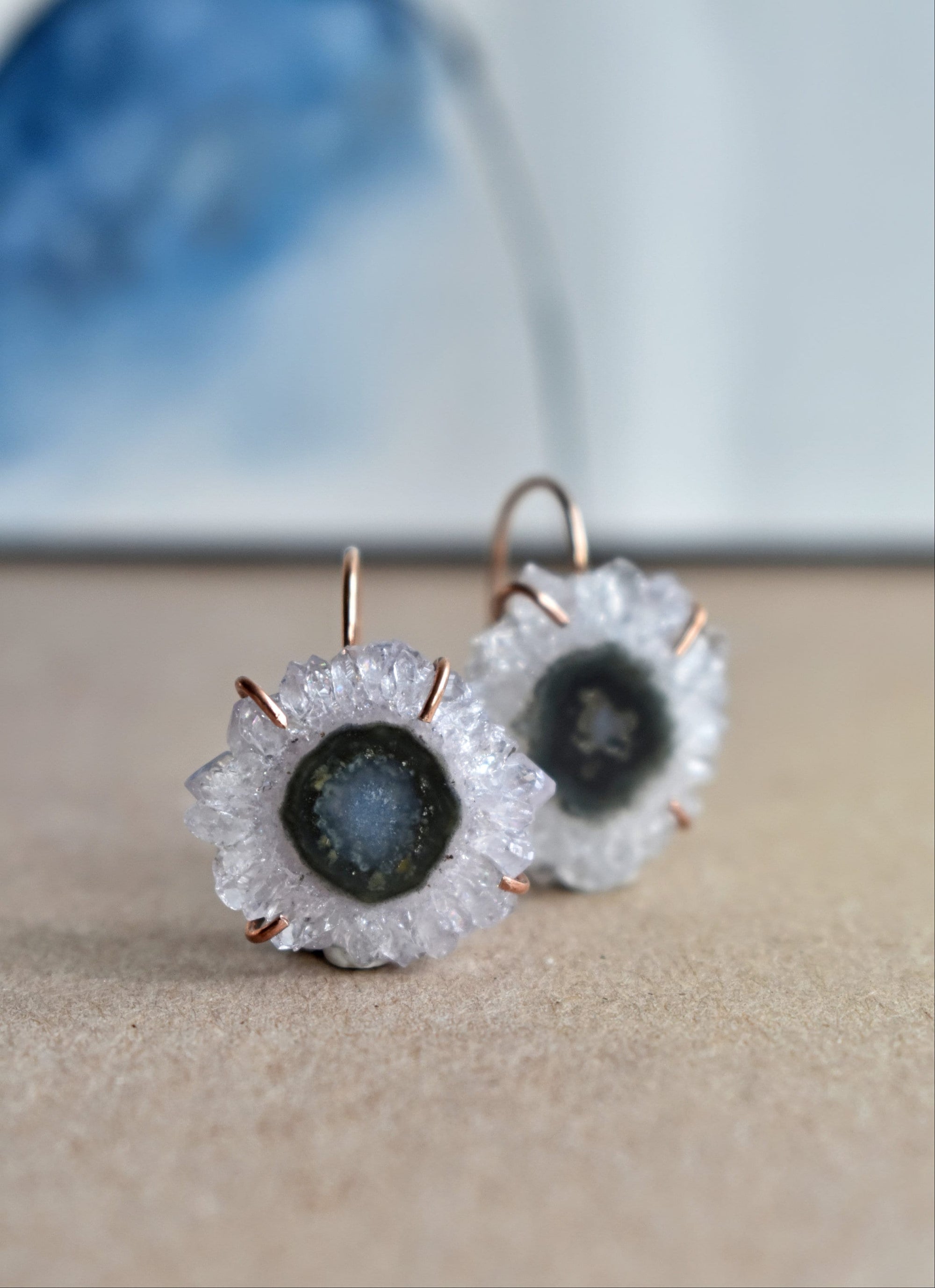 Crystal Dangle Earrings in Rose Gold Fill, Drop Earrings with Quartz Crystal Slice in White, Blue, Grey, Black, Salt and Pepper