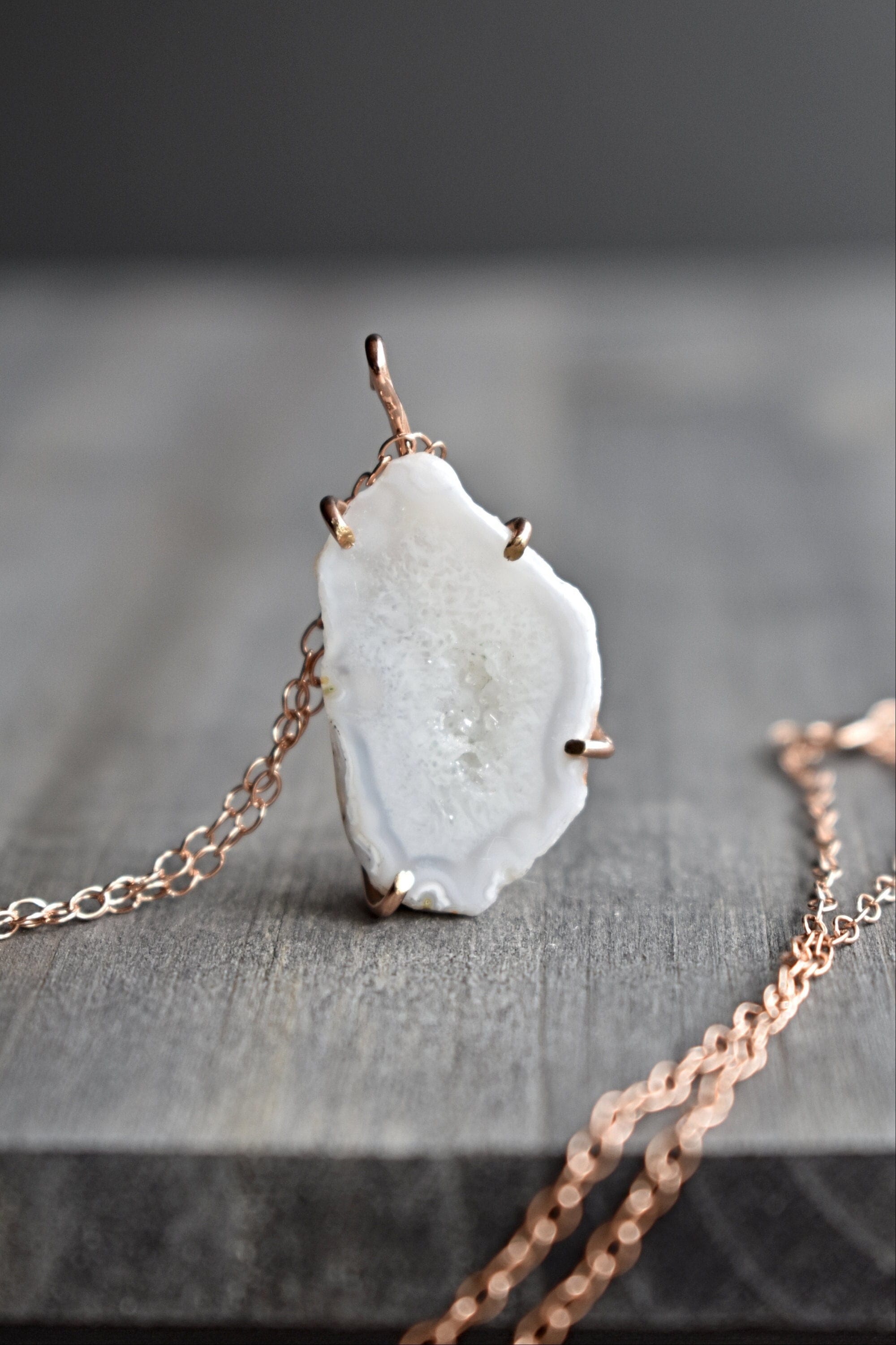 Bright White Baby Geode Necklace, 14K Rose Gold Fill Crystal Drop Pendant, Unique Modern Pendant Necklace, White and Rose Gold Party Jewelry