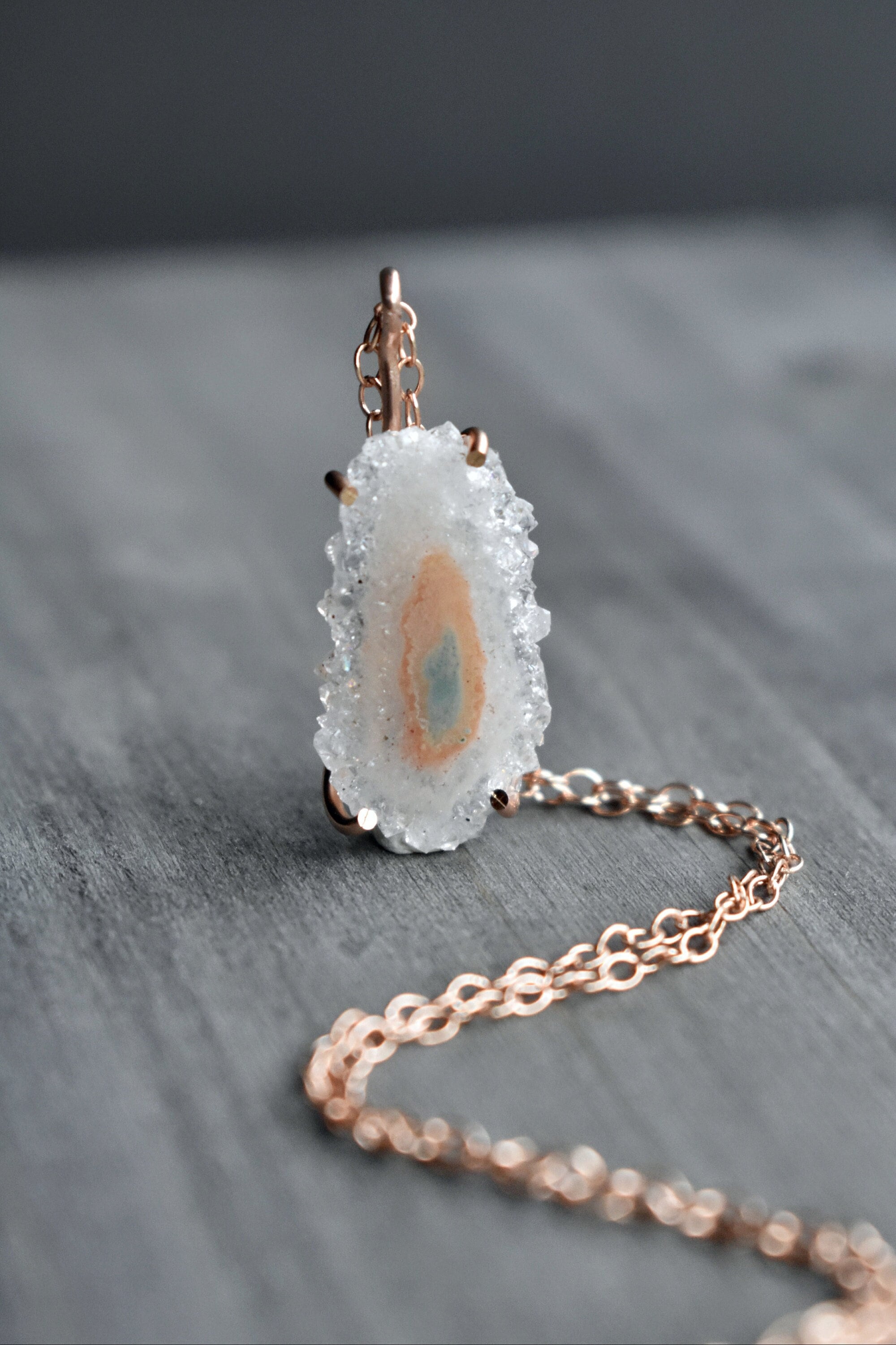 Quartz Crystal Drop Pendant Necklace in Rose Gold*, White Pink Turquoise Crystal, Meditation Crystal Slice Pendant for a Mothers Day Gift