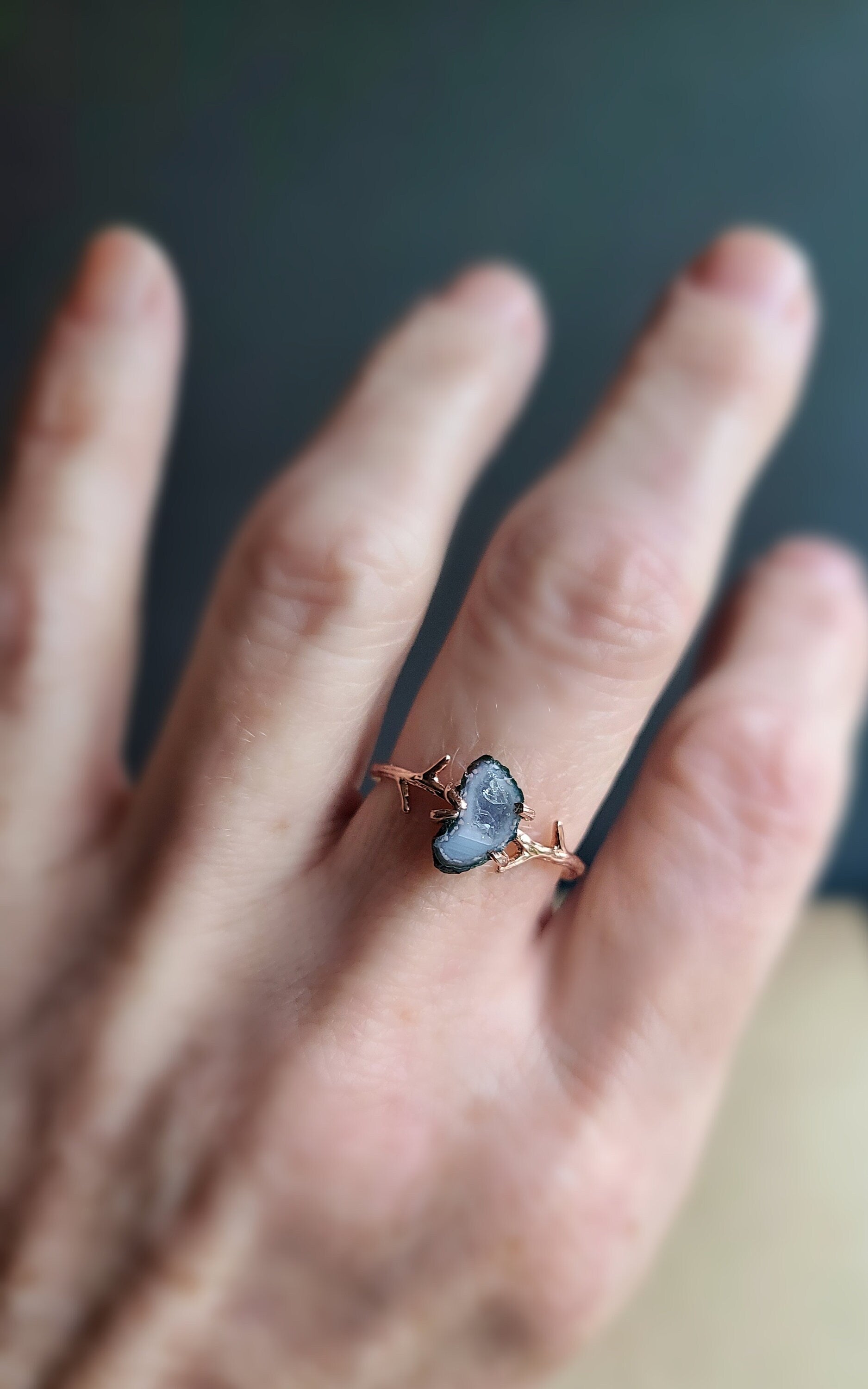 Blue Geode Ring, Deer Antler Fairy Ring for Nature Lover, Textured Tree Branch Band in Rose Gold Over Steel, Blue Crystal Jewelry, Size 7.5