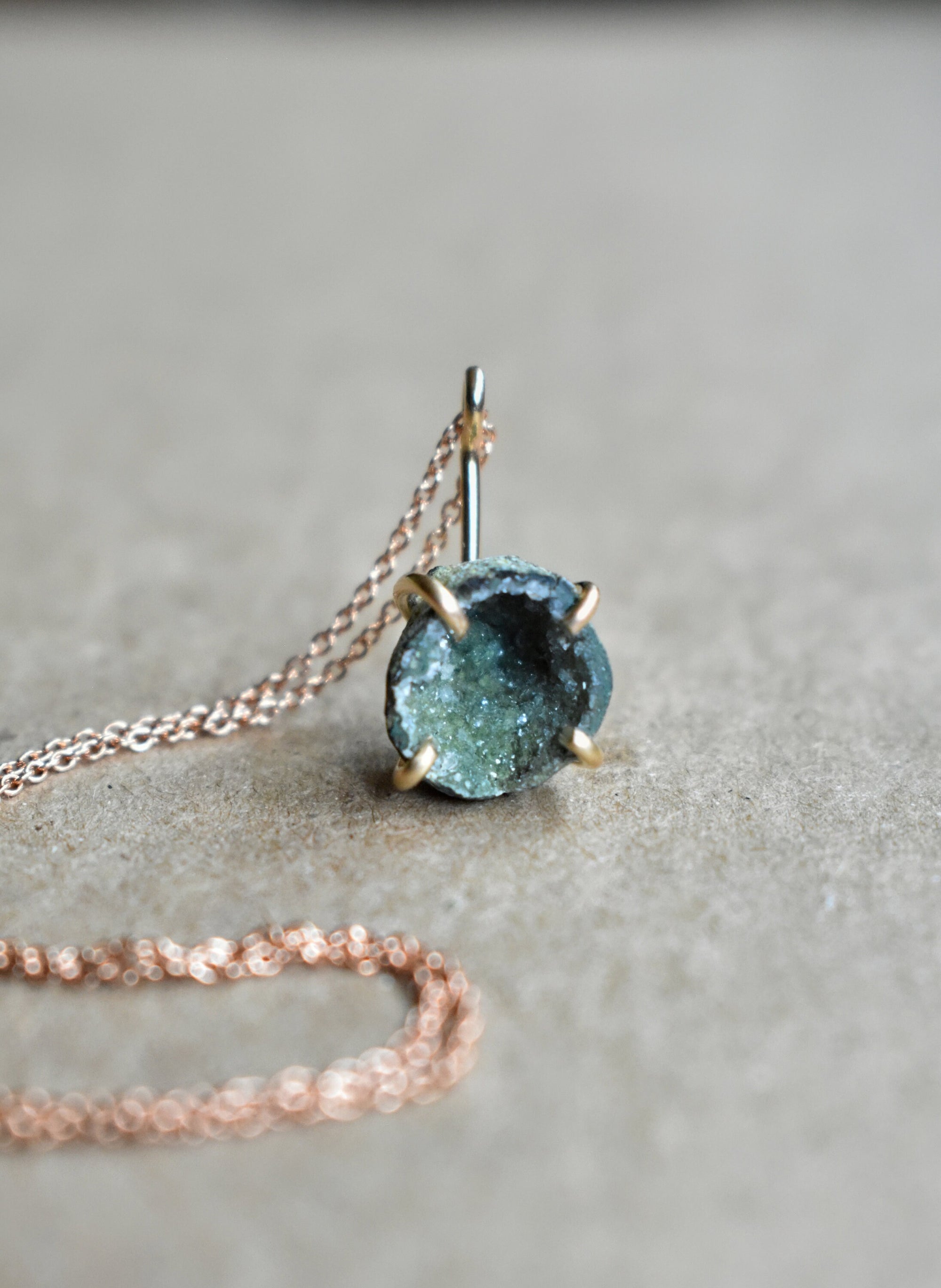 Emerald Green Baby Geode Necklace, 14K Rose Gold Fill Crystal Drop Pendant, Unique Modern Birthstone Necklace, Green and Gold Party Jewelry