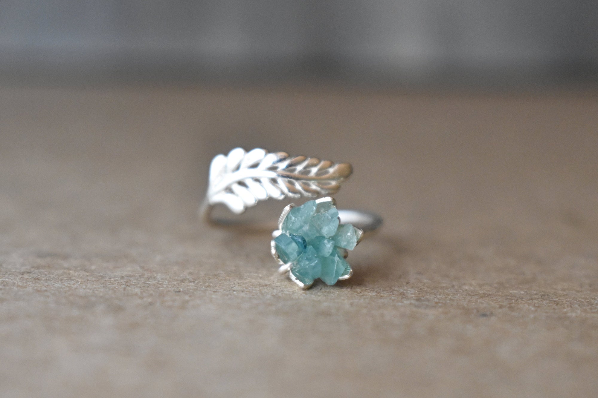 Leaf Cuff Ring in Sterling Silver, Gemologies Authentic Lotus Ring with Granditierite Gemstone, Light Icy Blue Gemstone Flower Ring