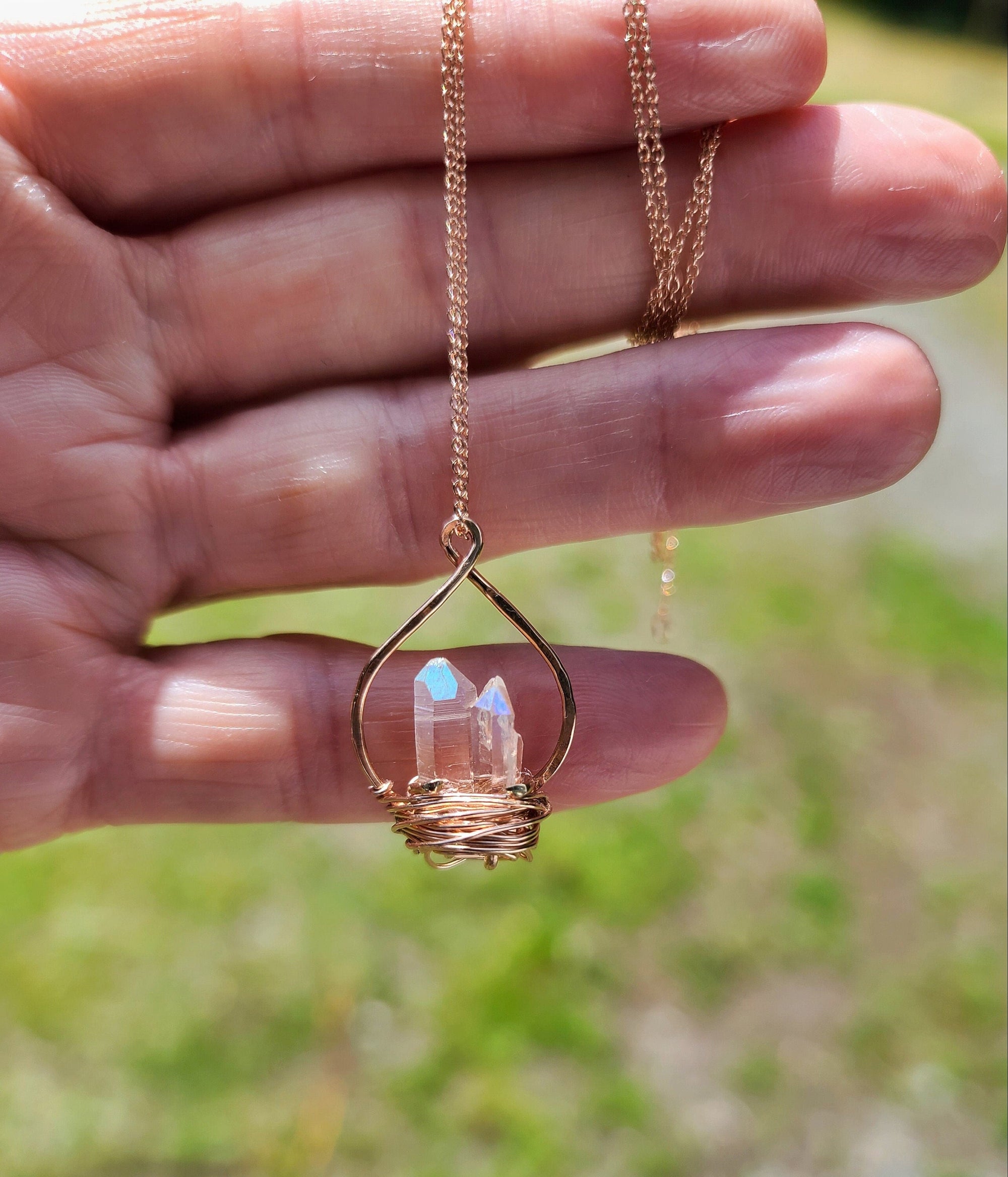 Angel Aura Crystal Drop Pendant in 14K  Rose Gold Fill, Birdsnest Wire Wrapping and Infinity Pendant, You Choose Necklace Length