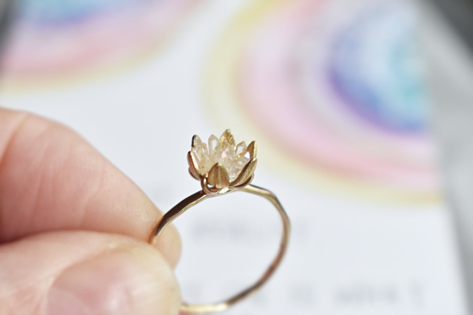 Angel Aura Crystal and 14K Yellow Gold Fill Ring, Lotus Flower Jewelry, Crystal Point Floral Ring, Unique Gift for Mom or Sister Valentines
