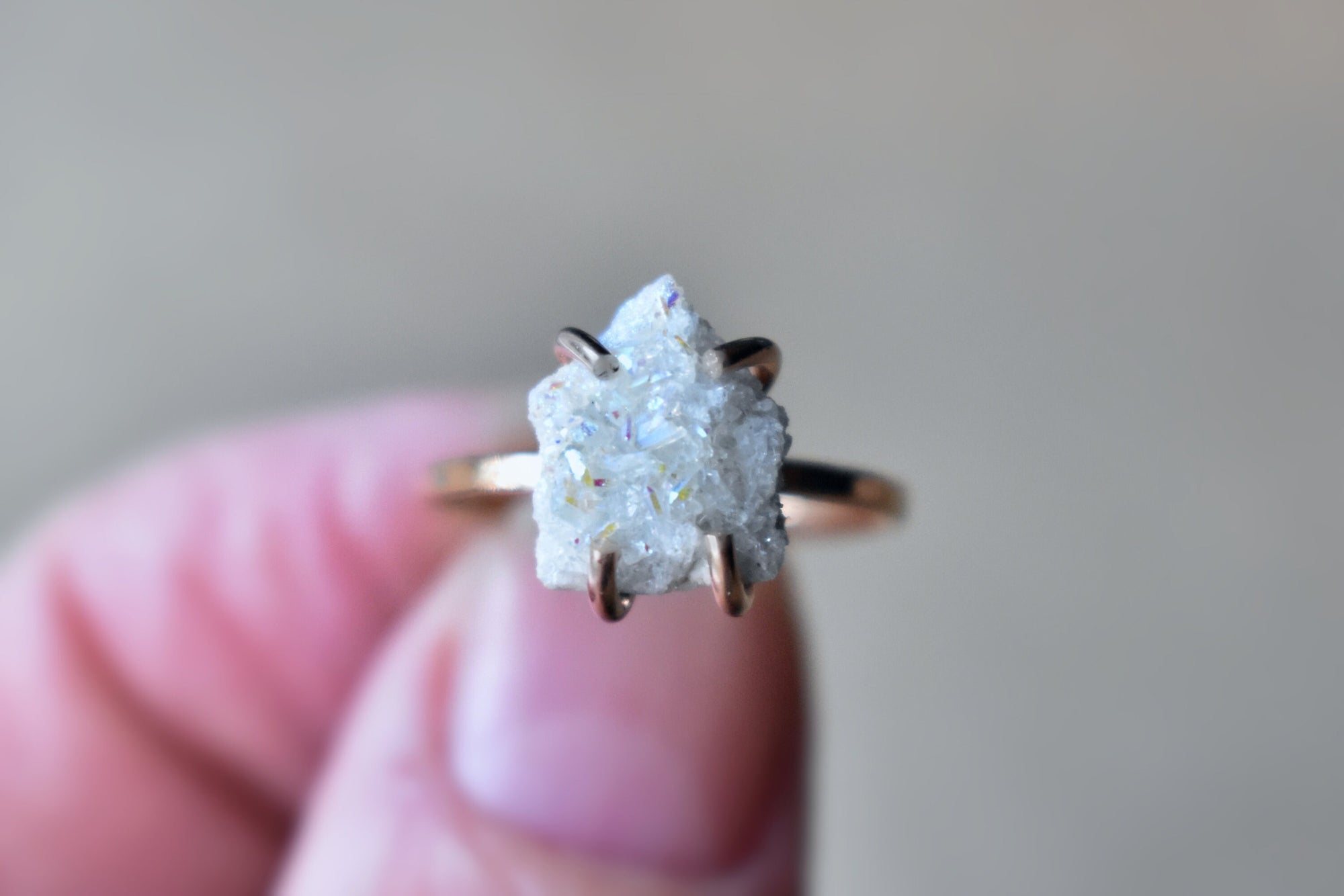 Angel Aura Ring in 14K Rose Gold Fill, White Crystal Statement Goddess Ring in Pink Gold Band, Confetti Rainbow Flash Crystals for Christmas