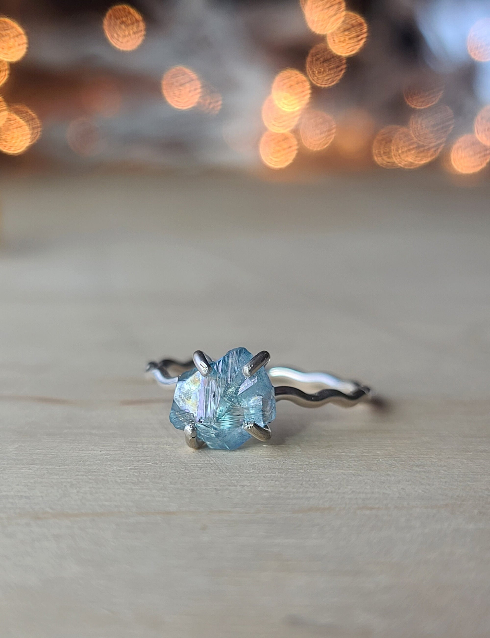 Sterling Silver and Aqua Aura Jewelry, Wave Texture Ring Band & Rough Blue Crystal, Unique Valentines Day Ring for Girlfriend or Wife, 8