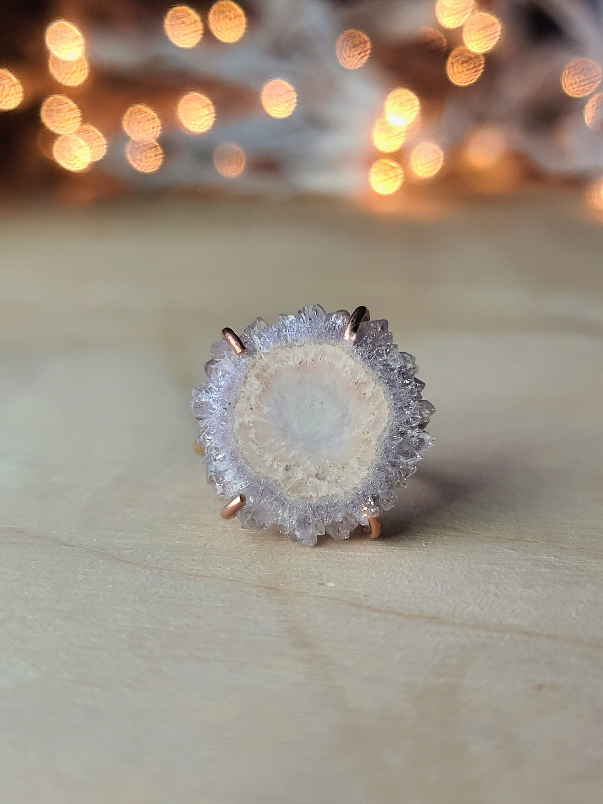 Luxury Crystal Ring, Unique Stalactite Crystal Slice in Pink, Lavender and White, 14K Rose Gold Fill Textured Ring Band with Crystal Slice