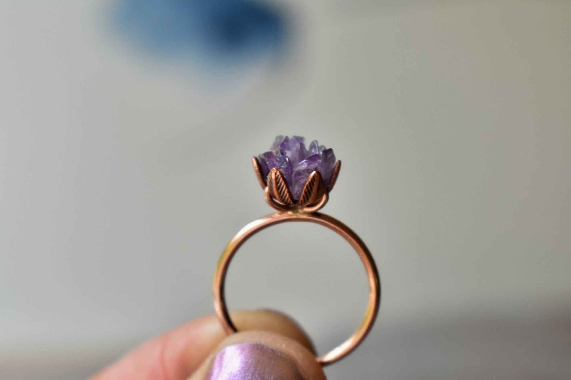 Unique Amethyst Ring, Lotus Flower Ring in Rose Gold, Uncut Gemstone Birthstone Ring, Raw Amethyst Jewelry, January Birthstone Ring, Size 5