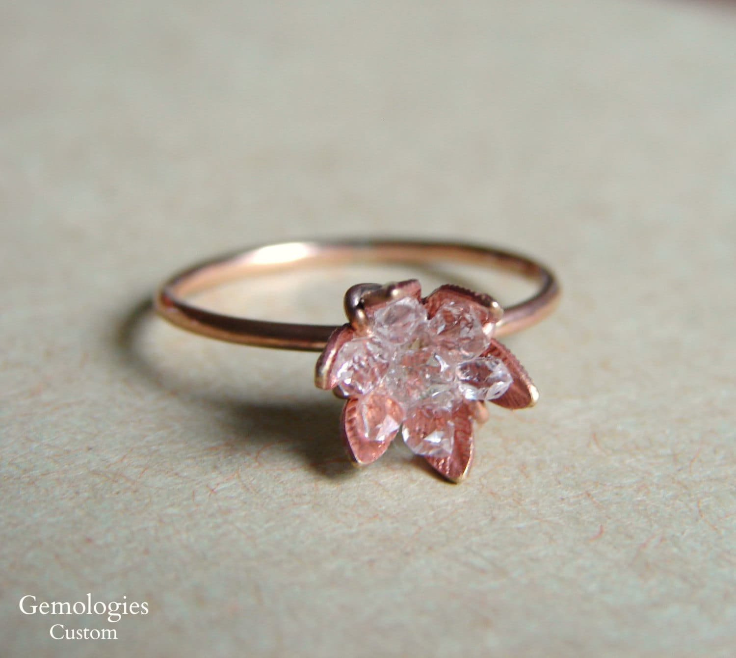 Raw Herkimer Diamond Lotus Ring on Rose Gold Fill Band, Raw Crystal Ring for Her, Birthday Present for Wife, Wife Valentines Surprise