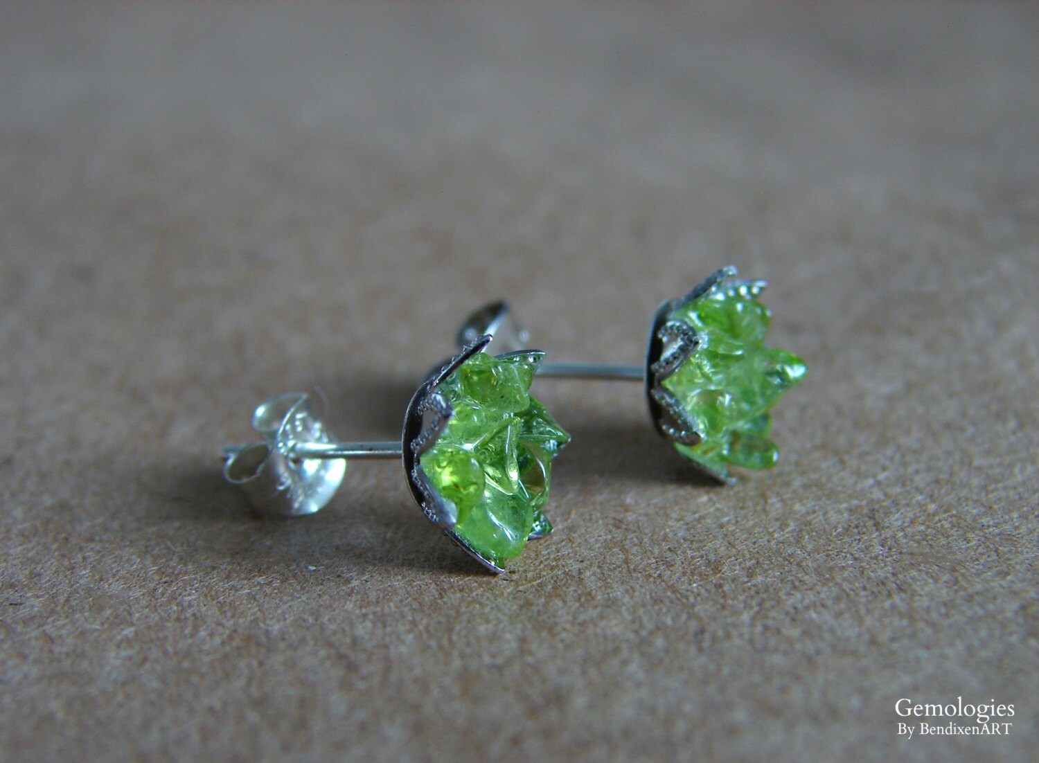Peridot Earrings, Raw Peridot Studs, Green Lotus Flower, August Birthstone, Uncommon Rare Gift, Green Valentines Wife, Fun St Patrick's Day